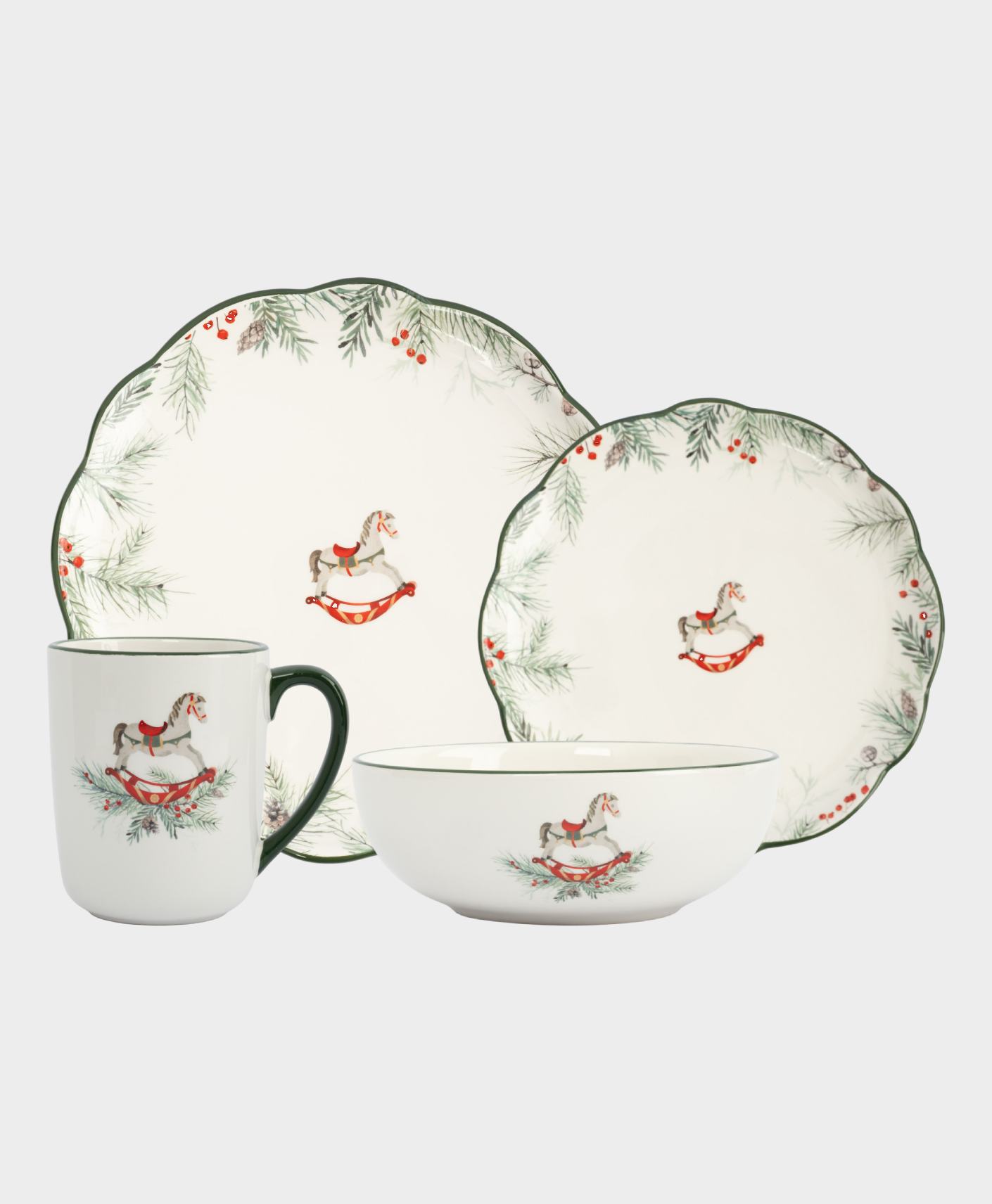Набор обеденный с кружками 4 персоны 16 предметов, керамика, зеленый, Лошадка, Festival
