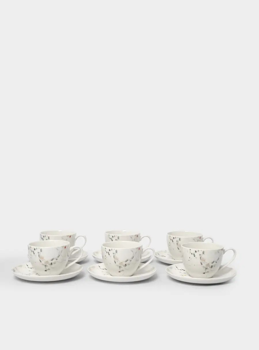 Пара чайная, 6 персон, 12 предметов, 220 мл, костяной фарфор, белая, Цветы и листья, Primrose