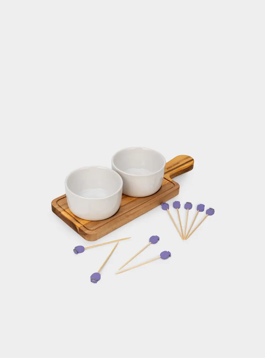 Набор для закусок, 2 предмета, на подставке, со шпажками, каменная керамика/дерево, Сливы, Plum Orchard