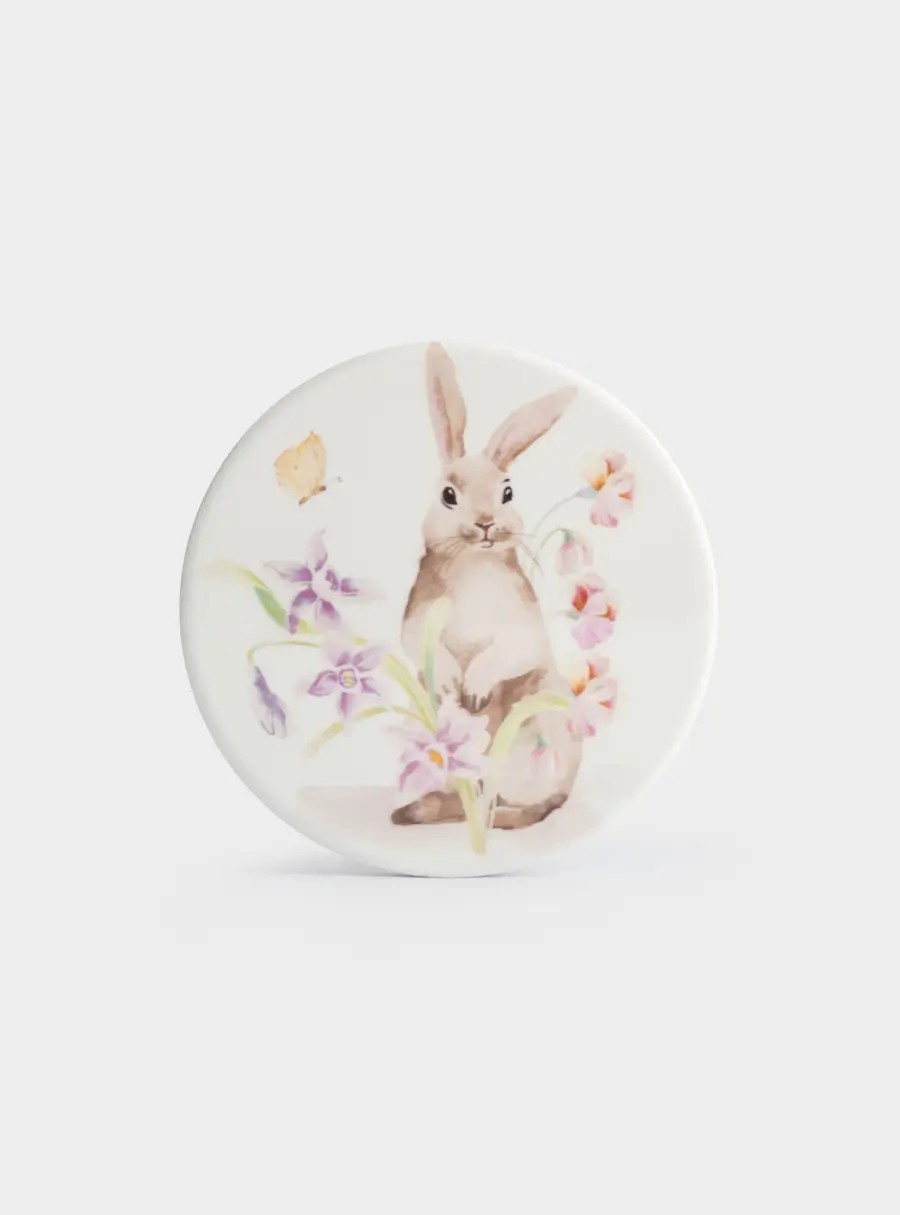 Подставка под кружку, 11 см, круглая, керамика/пробка, белая, Кролик в цветах, Flower Rabbit