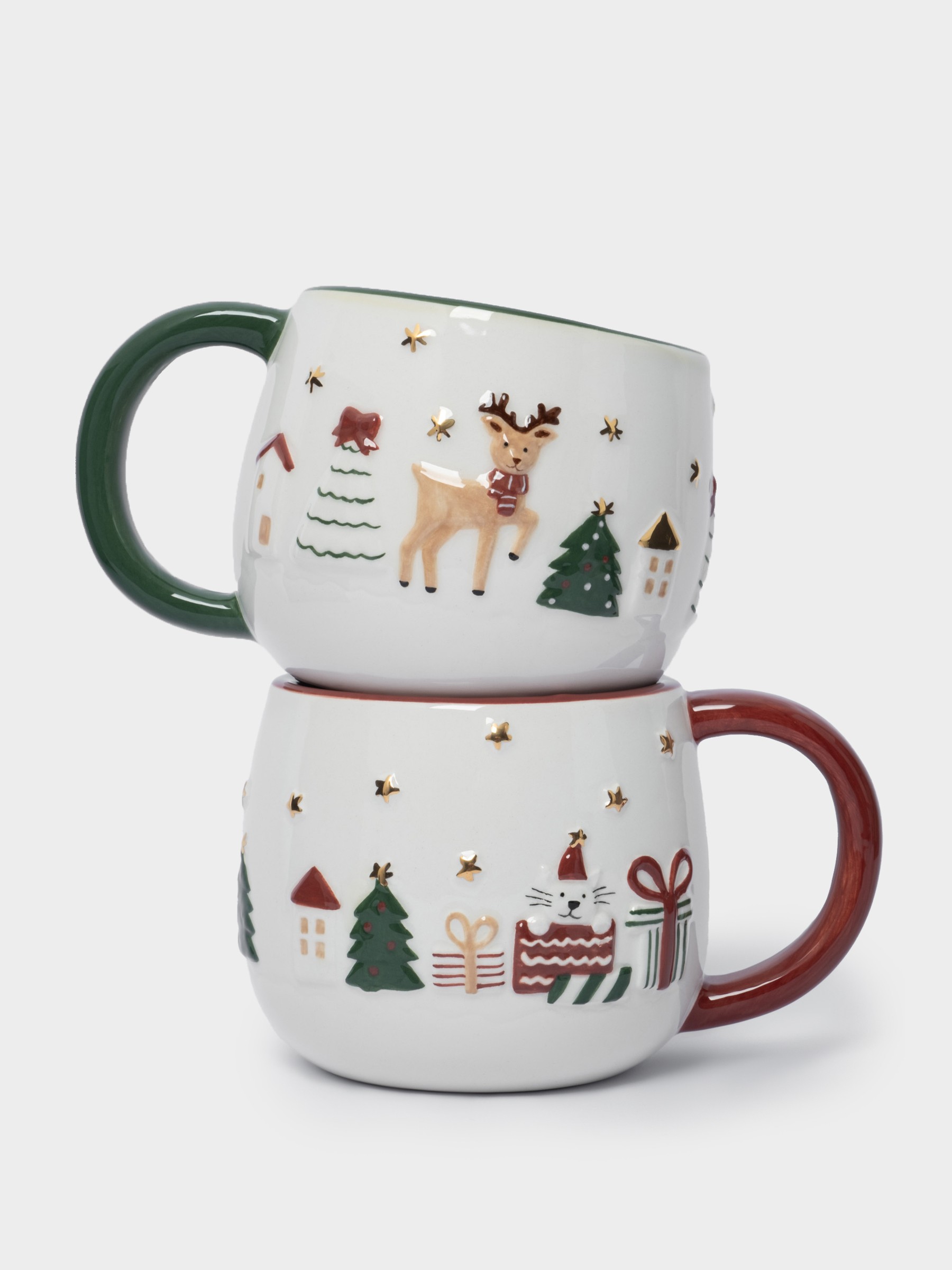 Кружка, 400 мл, 2 шт, керамика, зеленая/красная, Олень и Кот, New year Кружка, 400 мл, 2 шт, керамика, зеленая/красная, Олень и Кот, New year