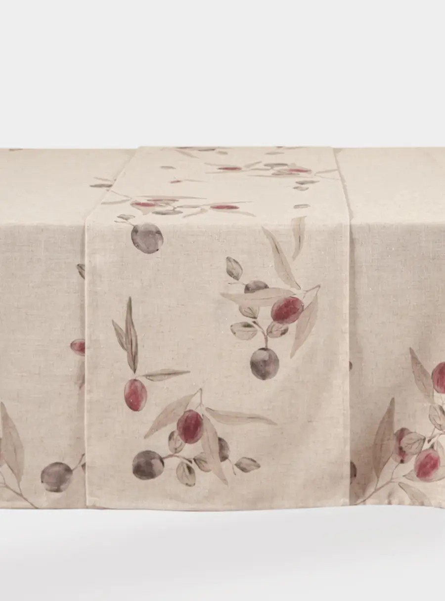 Дорожка настольная, 40✕160 см, полиэстер/лен, бежевая, Сливы на ветках, Plum Orchard
