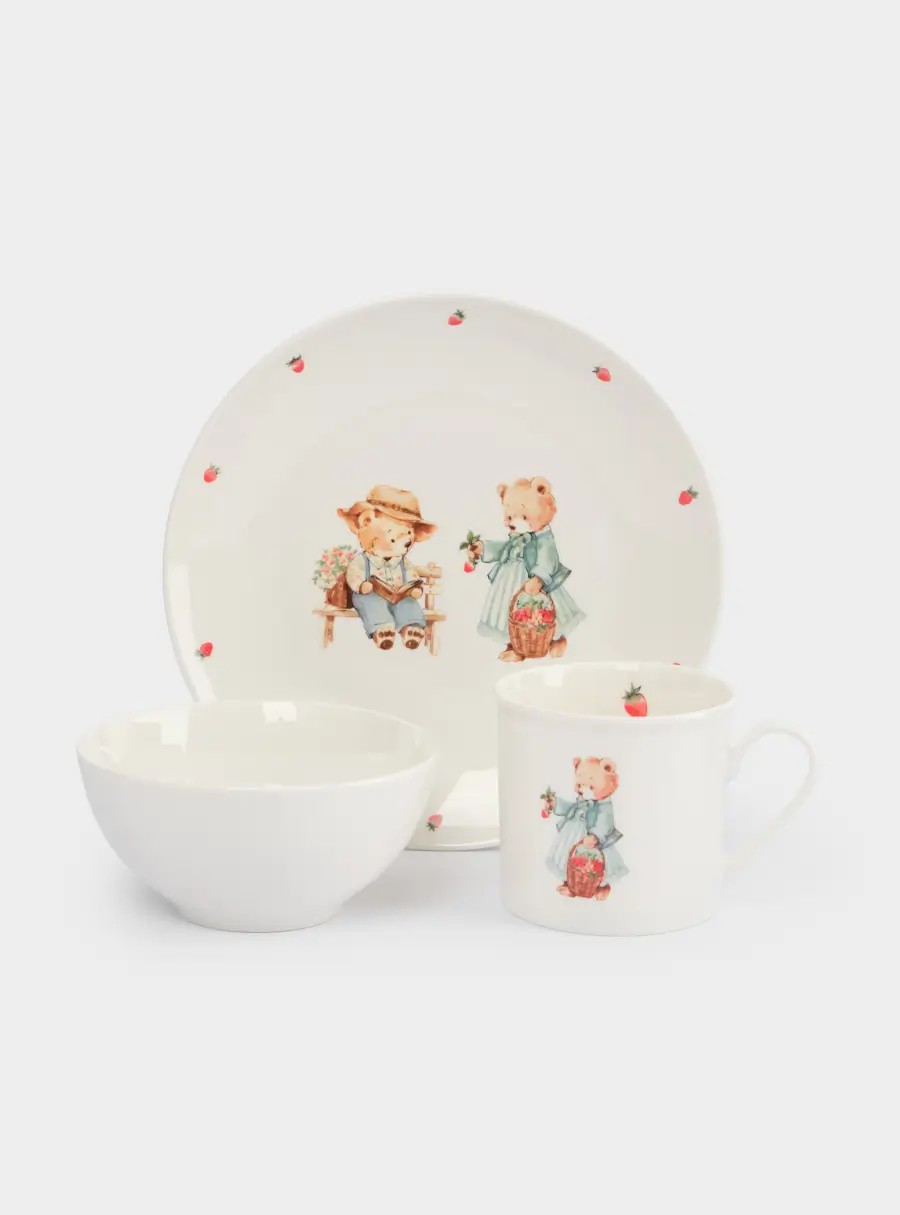 Набор посуды, детский, 1 персона, 3 предмета, костяной фарфор, белый, Мишки, Teddy bear