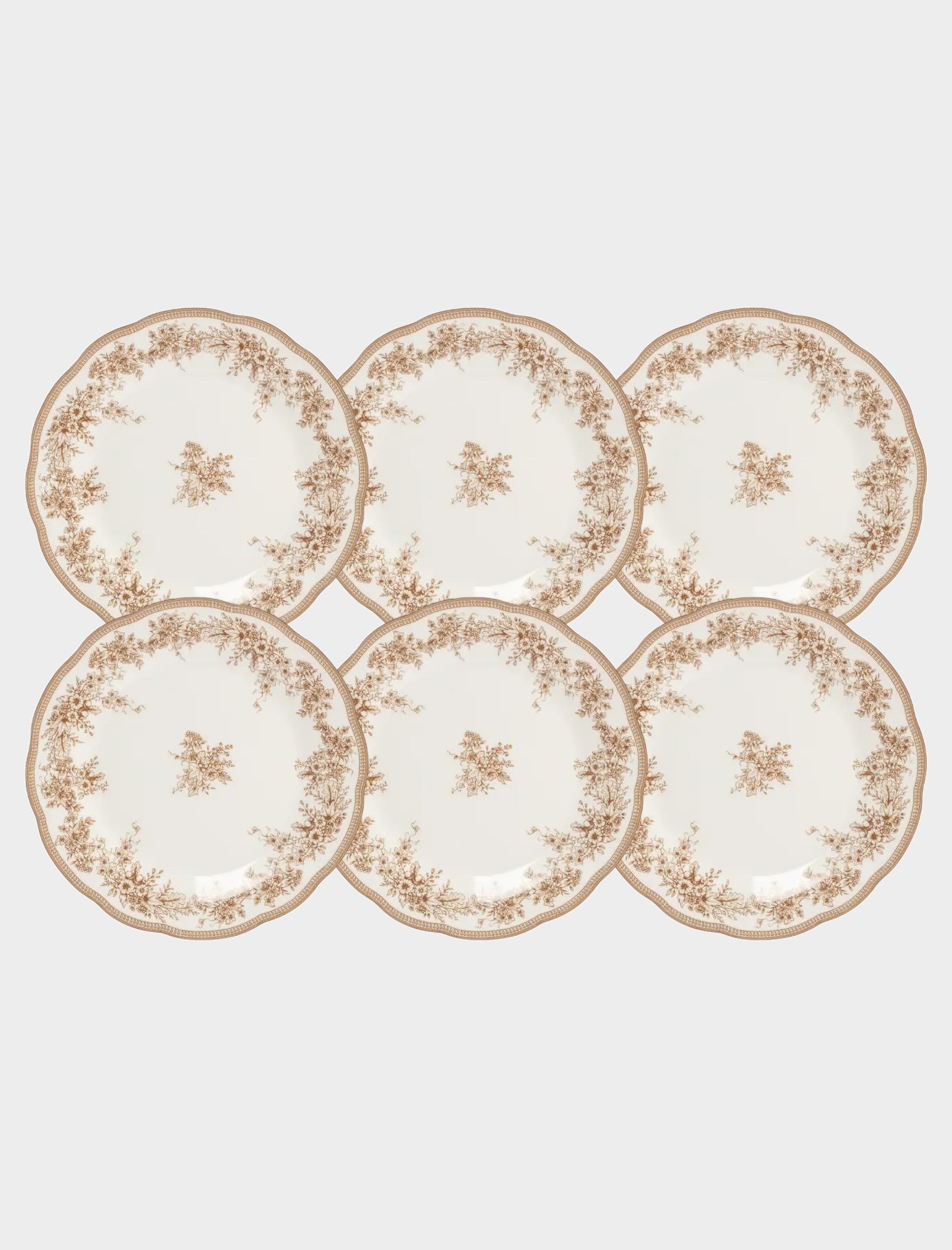 Набор 6 тарелок обеденных, 26 см, фарфор, белый, Коричневые цветы, Burgundy