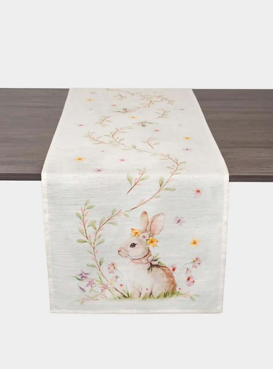 Дорожка настольная, 40✕160 см, полиэстер/лен, бежевая, Кролик в цветах, Easter rabbit