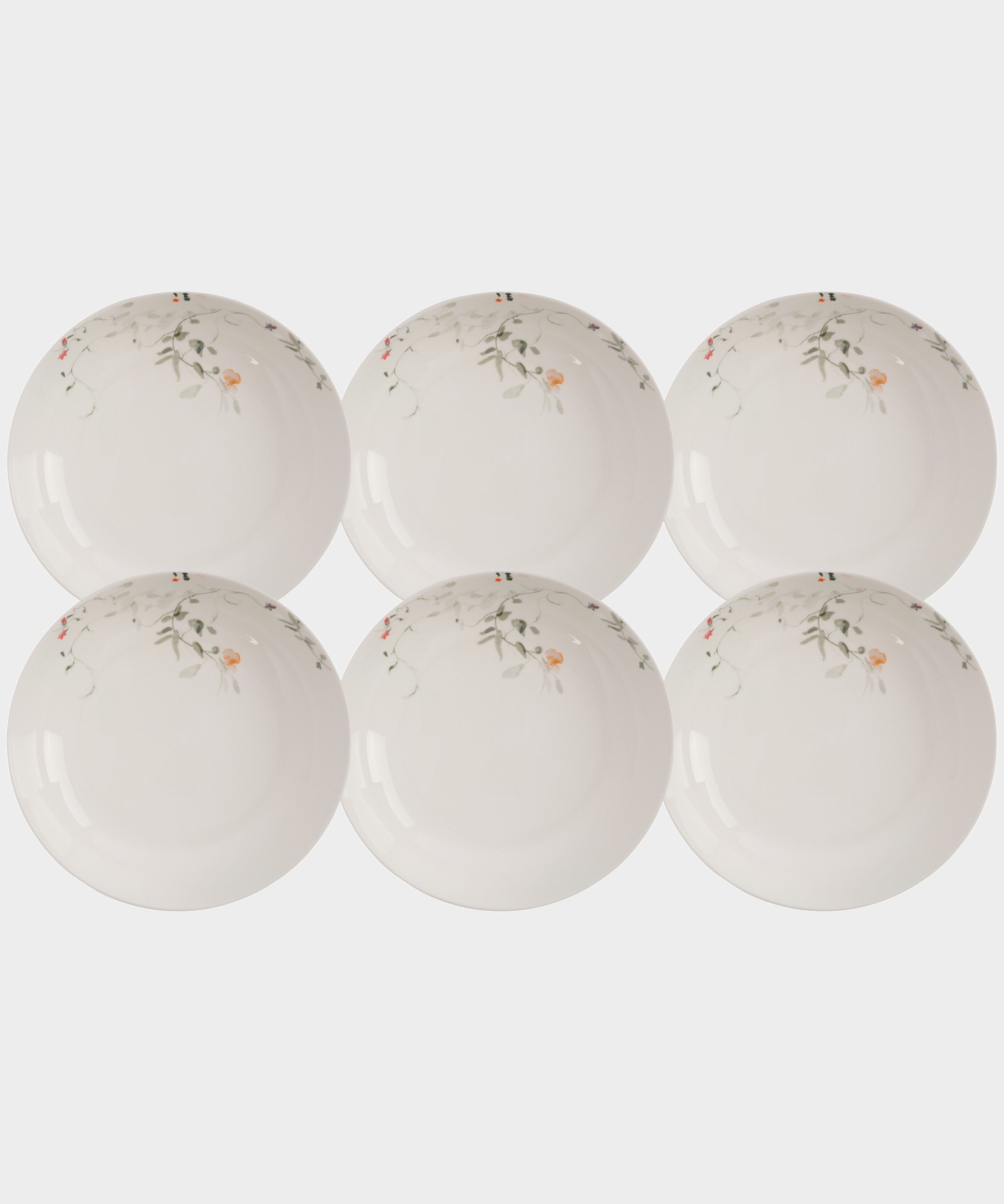 Набор 6 тарелок суповых, 20✕6 см, 780 мл, костяной фарфор, белая, Цветы и листья, Primrose