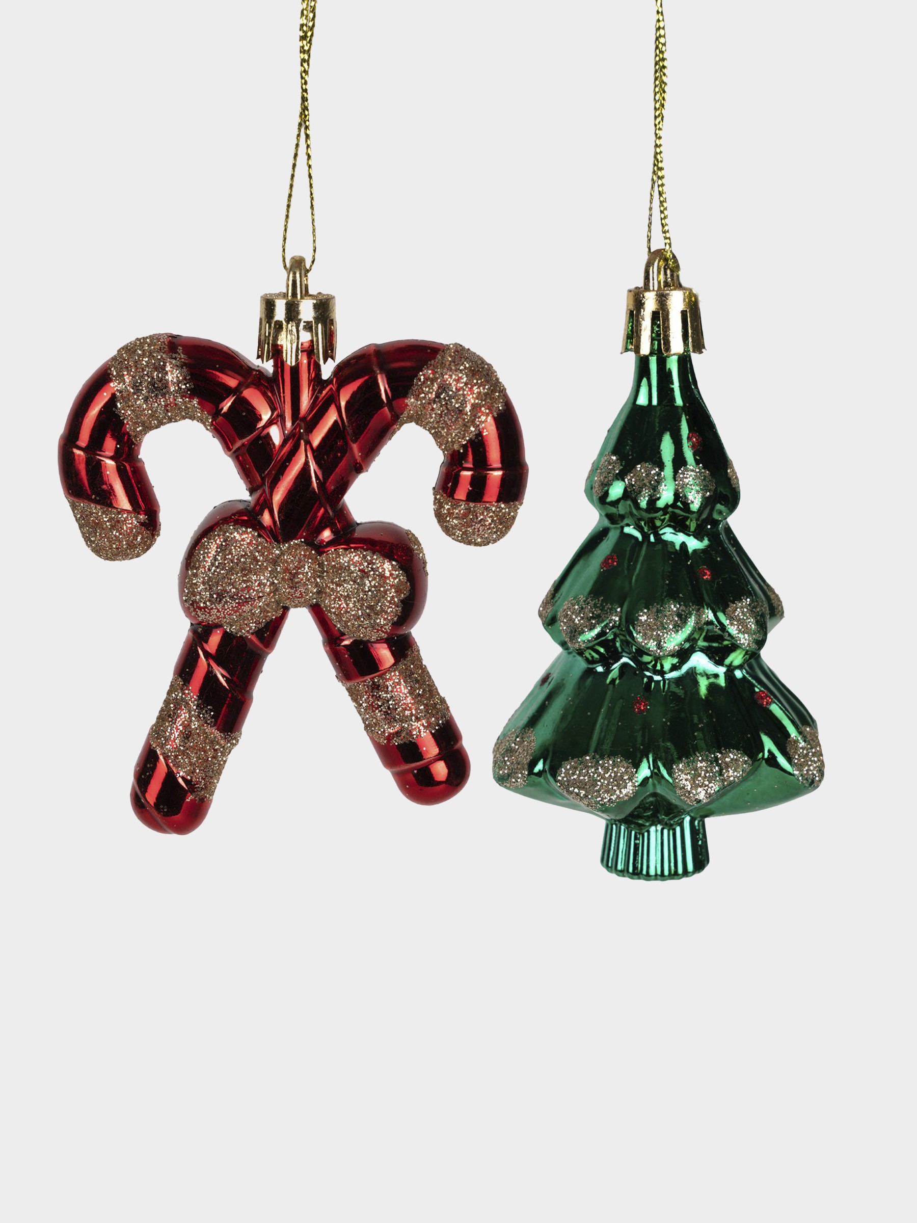Набор елочных игрушек, 7 см, 2 шт, пластик, зеленый/красный, Елка и трость, New year Набор елочных игрушек, 7 см, 2 шт, пластик, зеленый/красный, Елка и трость, New year