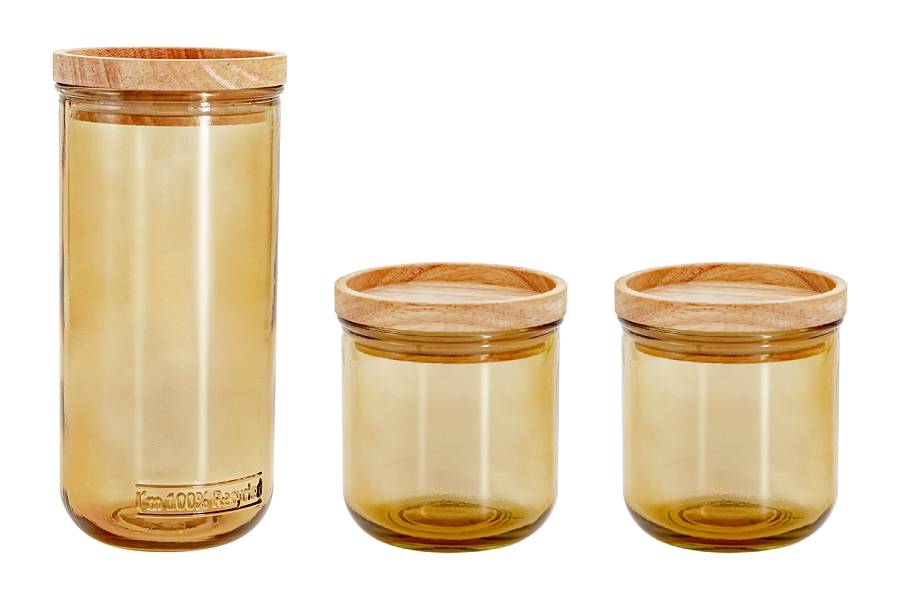 Банка для сыпучих продуктов, 820/350 мл, стекло/дерево, светло-коричневая, Jars, 3шт