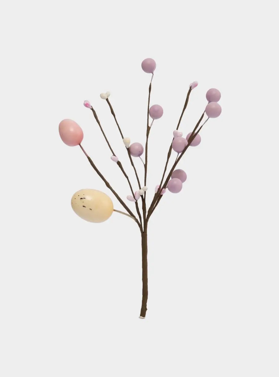 Ветка декоративная, 20 см, пенопласт/бумага, Ветка с розовыми яйцами, Interior Easter