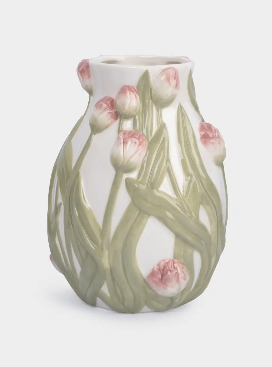 Ваза для цветов, 19 см, керамика, молочная, Розовые тюльпаны, Tulip