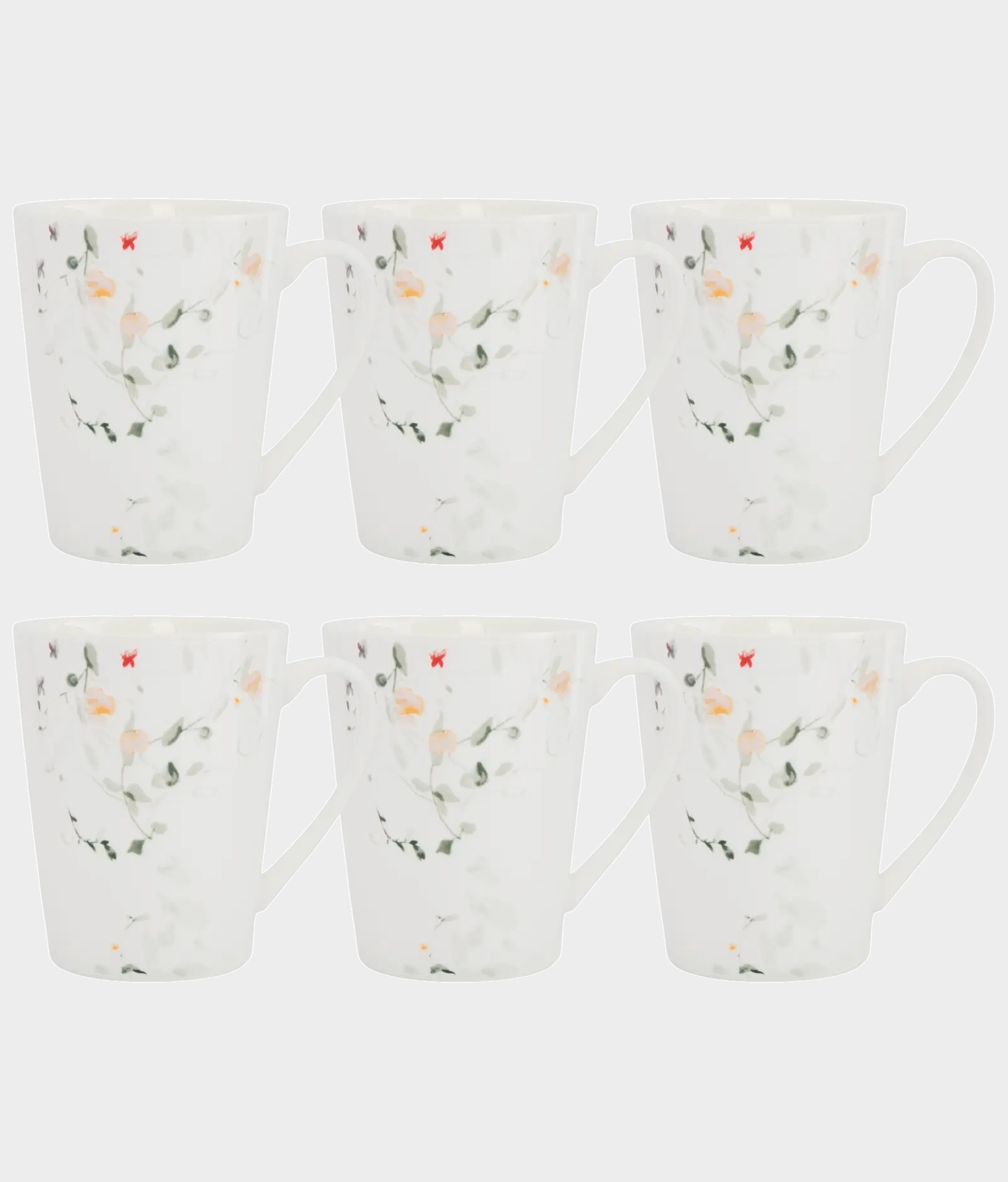 Набор 6 кружек, 420 мл, костяной фарфор, белая, Цветы и листья, Primrose