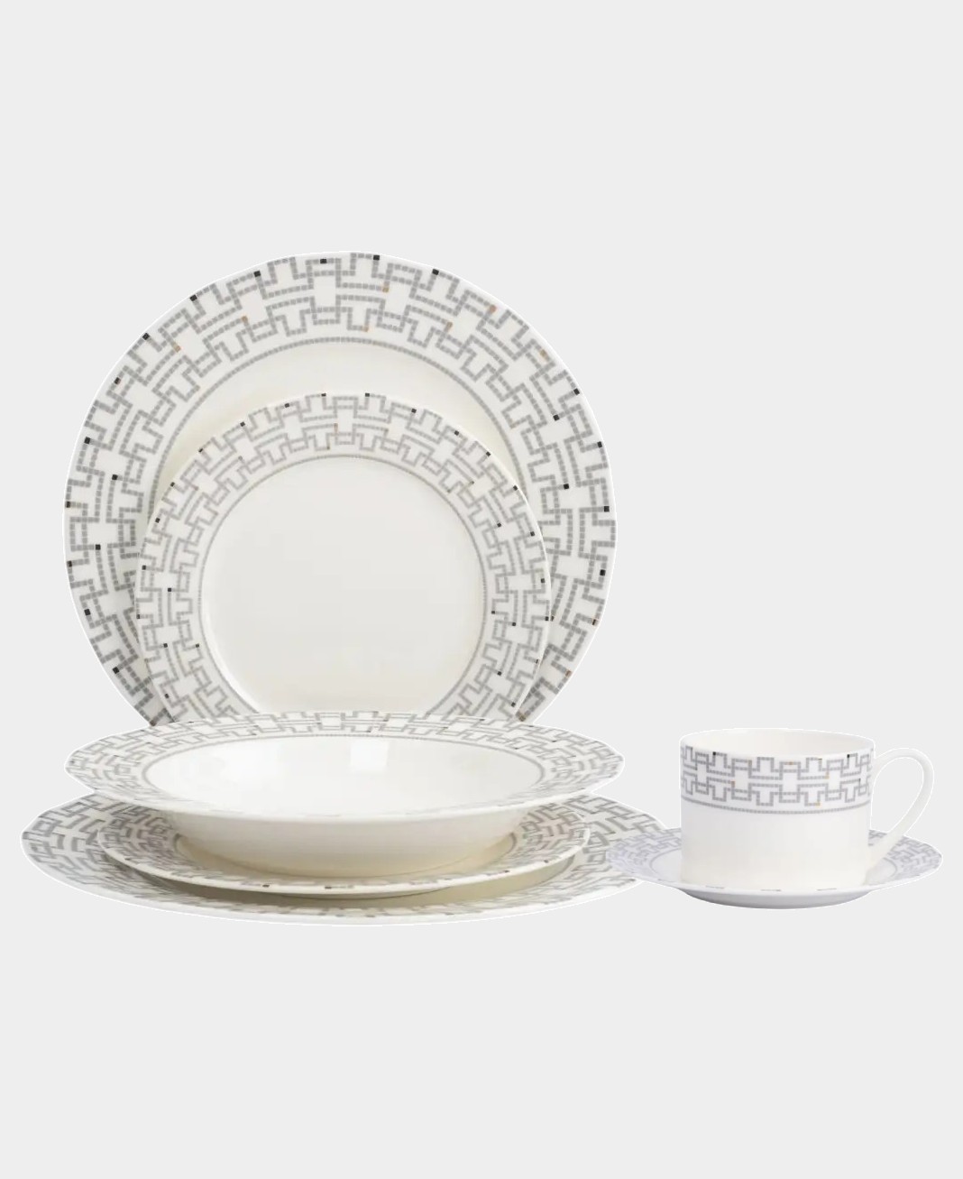 Сервиз обеденный с кружками, 6 персон, 40 предметов, костяной фарфор, белый, Орнамент, Greco