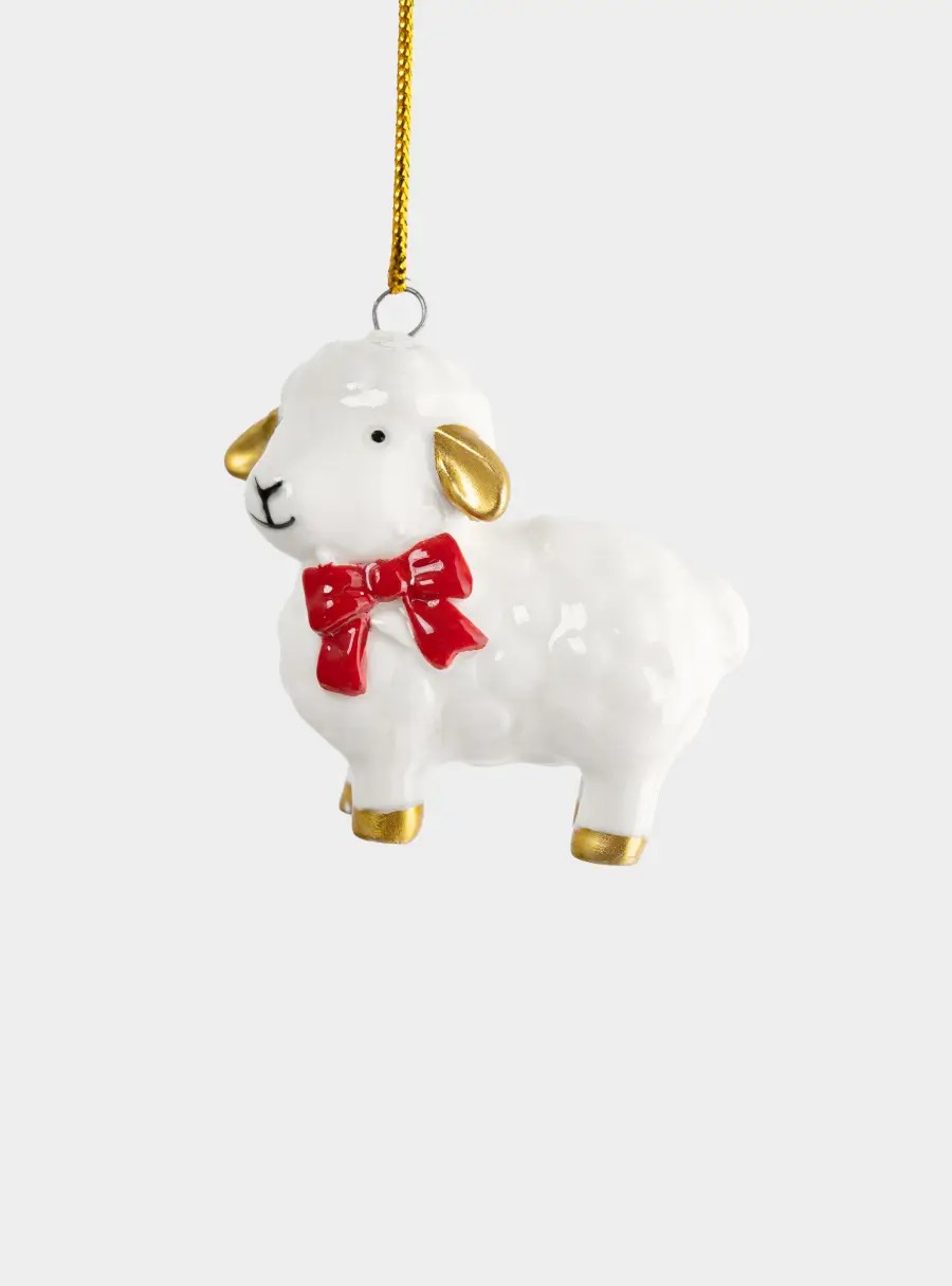Игрушка елочная, 6 см, фарфор, молочно-золотистая, Овечка с бантом, Sheep
