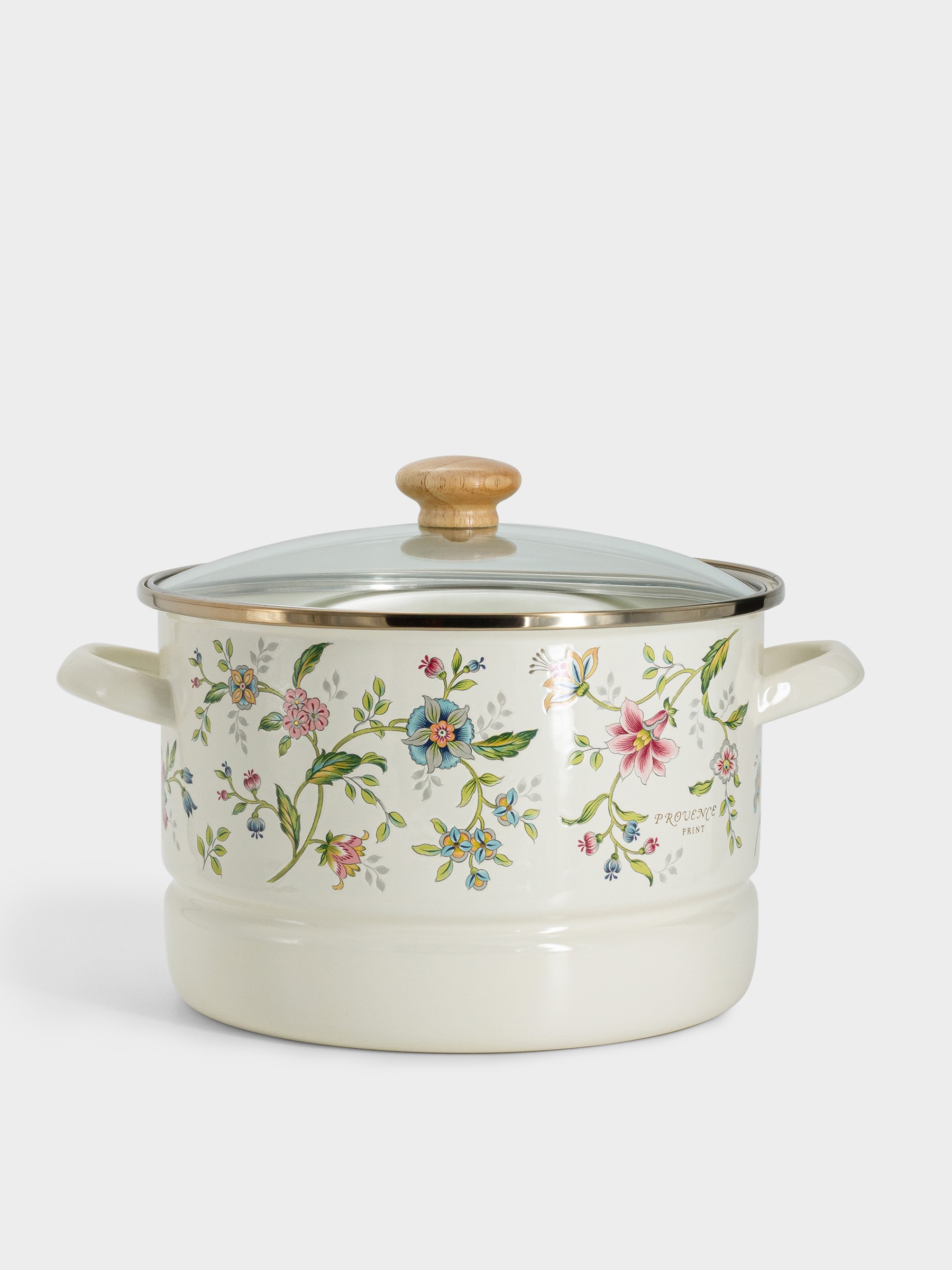 Кастрюля, 24 см, 6,5 л, с крышкой, со вставкой, с покрытием, сталь/стекло, молочная, Цветы, Provence