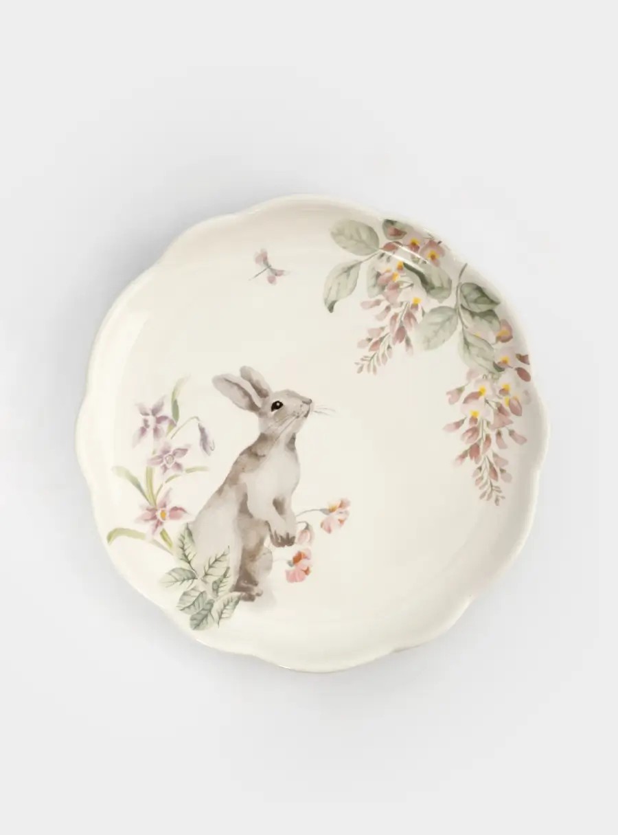 Тарелка обеденная, 25 см, керамика, белая, Кролик с цветами, Flower Rabbit