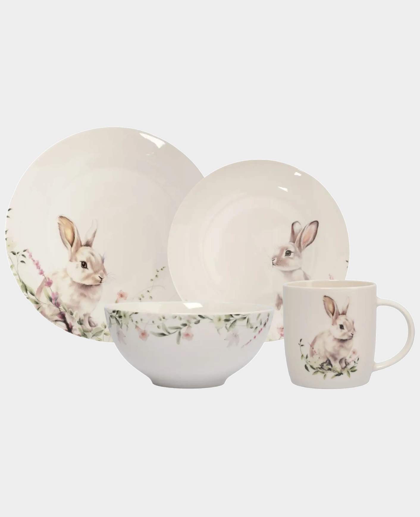 Сервиз обеденный, 6 персон, 24 предмета, костяной фарфор, белый, Кролик в цветах, Bunny