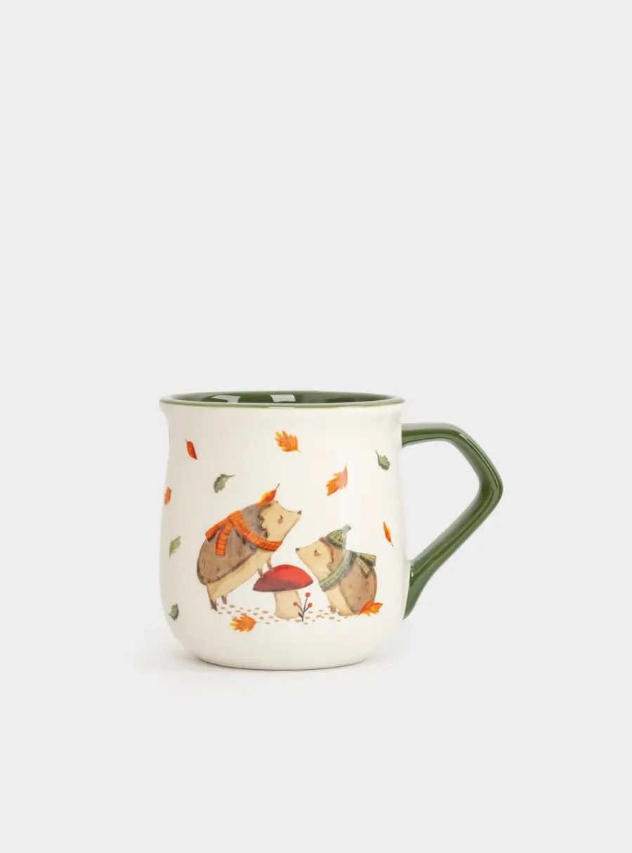 Кружка, 400 мл, керамика D, бело-зеленая, Ежи у гриба, Autumn friends