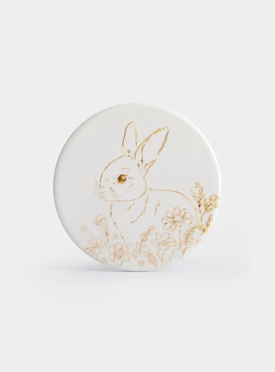 Подставка под кружку, 11 см, круглая, керамика/пробка, белая, Золотистый кролик, White Rabbit