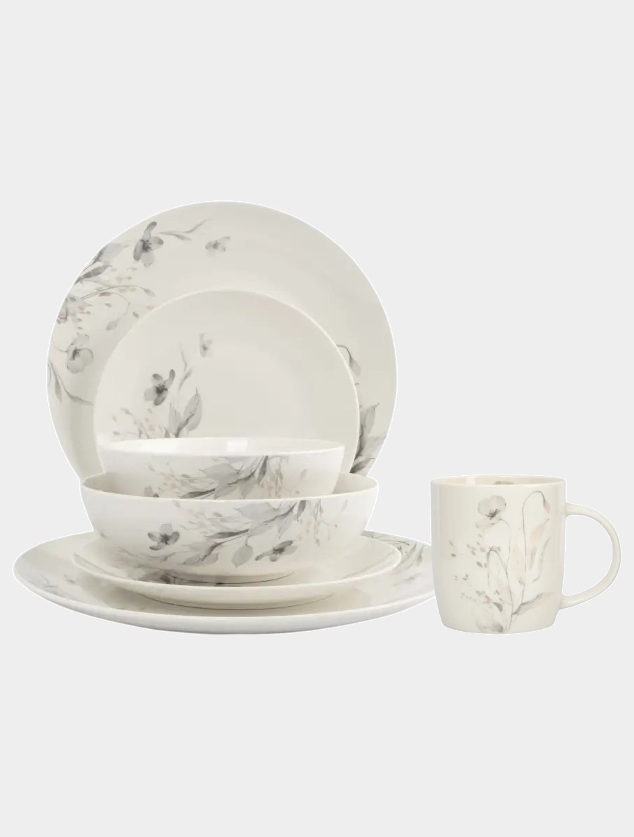 Сервиз обеденный с кружками, 6 персон, 25 пр, костяной фарфор, молочный, Полевые цветы, Flower melody