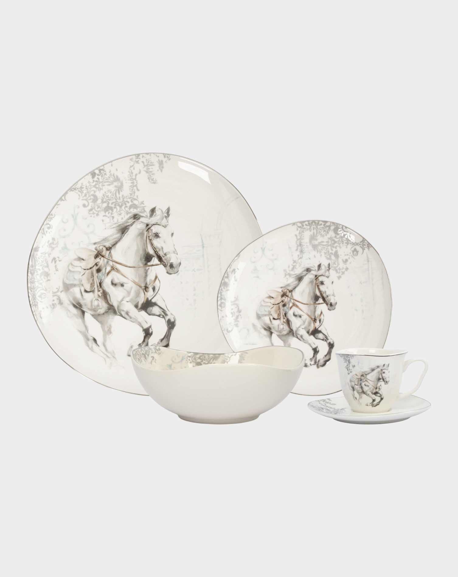 Набор обеденный с чашками 6 персон 30 предметов, костяной фарфор, белая, с серебристым кантом, Конь, White horse