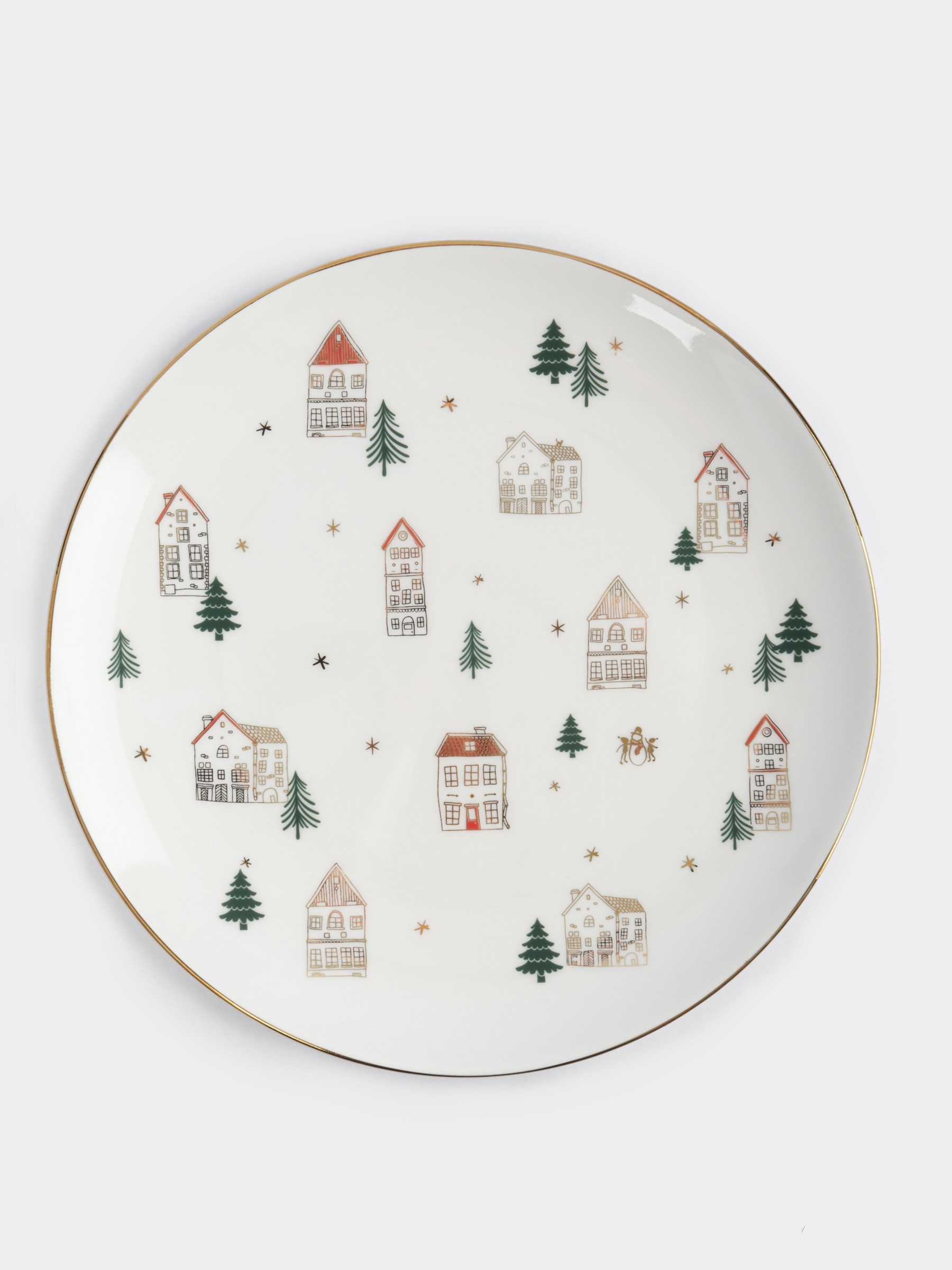 Тарелка обеденная, 27 см, костяной фарфор, бело-золотистая, Домики и ели, Townlet