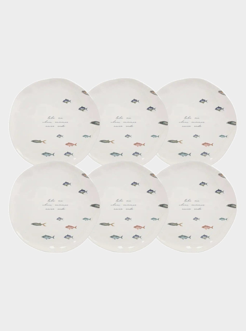 Набор 6 тарелок обеденных, 25 см, керамика, белая, Рыбки, Sea world