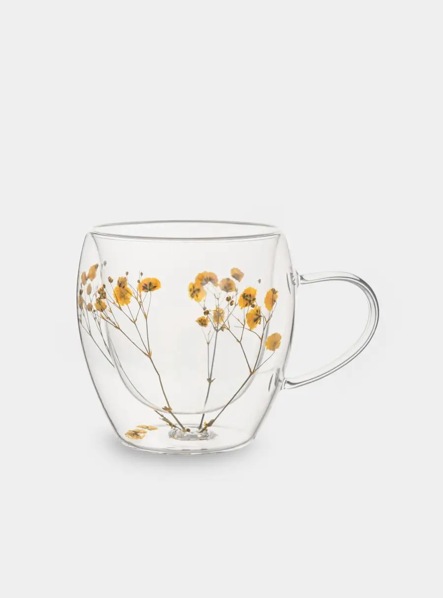 Кружка, 240 мл, стекло, с сухоцветами внутри, Желтые цветы, Wind-mystery