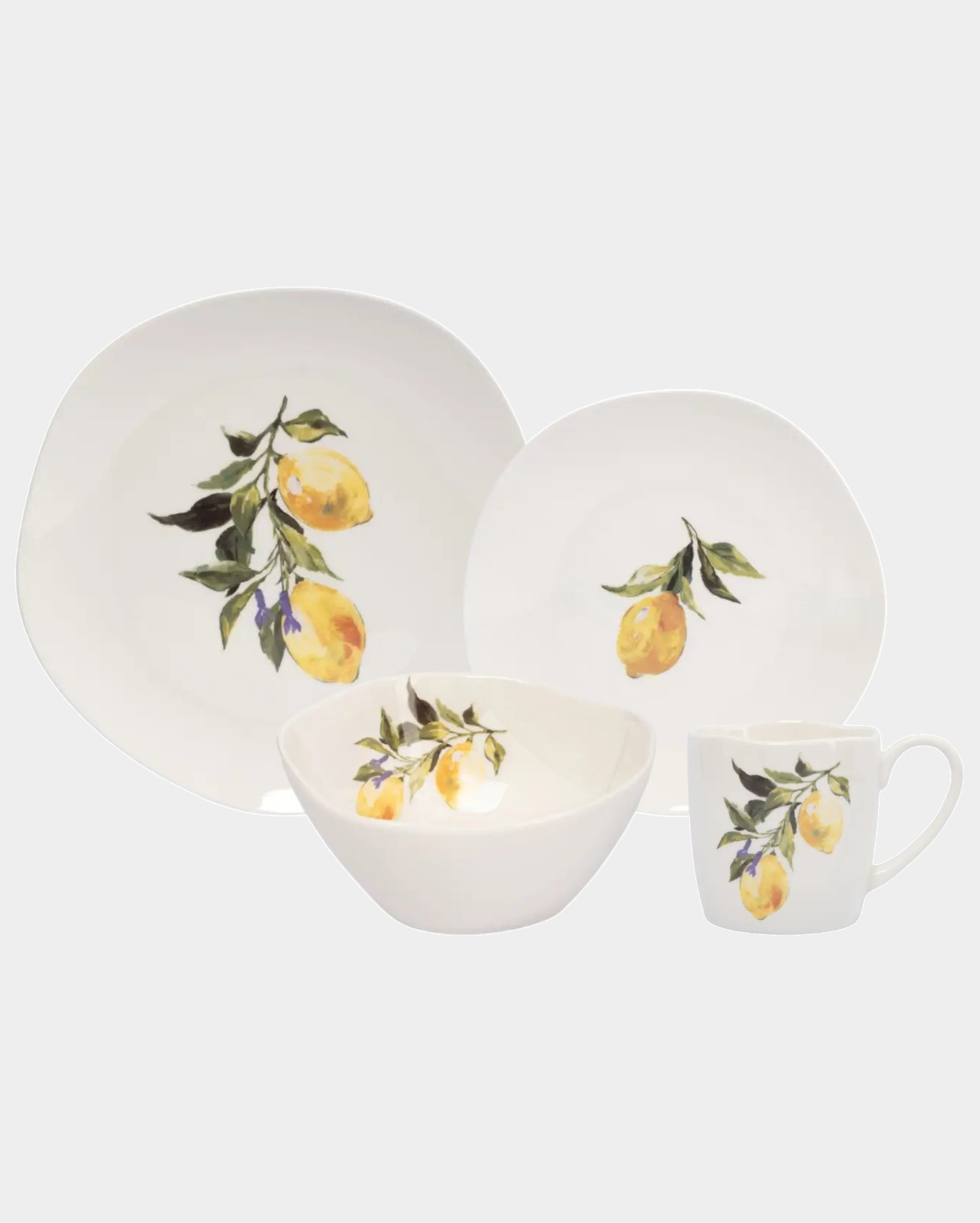 Сервиз обеденный с кружками, 4 персоны, 16 предметов, костяной фарфор, белый Лимон, Lemon branch