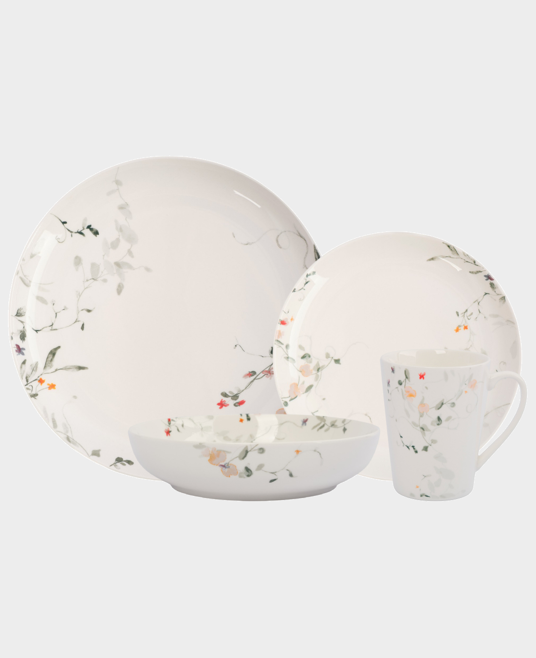 Сервиз обеденный c кружками, 4 персоны, 12 пр, костяной фарфор, белый, Цветы и листья, Primrose