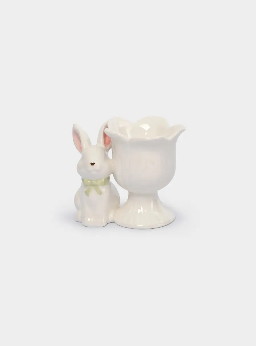 Подставка для яйца, 7 см, керамика, молочно-золотистая, Кролик с цветком, White Rabbit