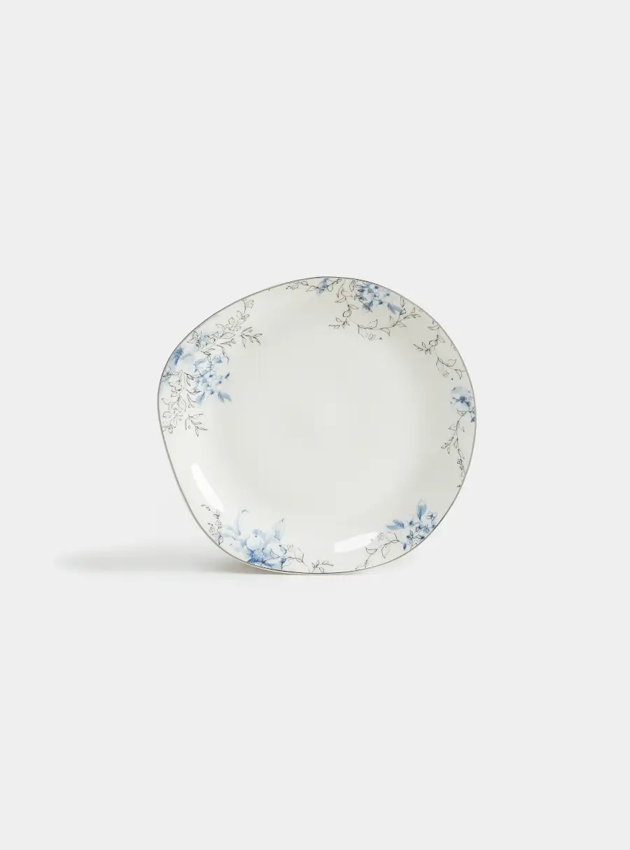Тарелка закусочная, 20 см, костяной фарфор, белая, с серебристым кантом, Голубые цветы, Ice flower