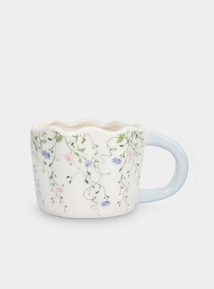 Кружка, 460 мл, керамика, молочно-голубая, Цветы, Mint flowers