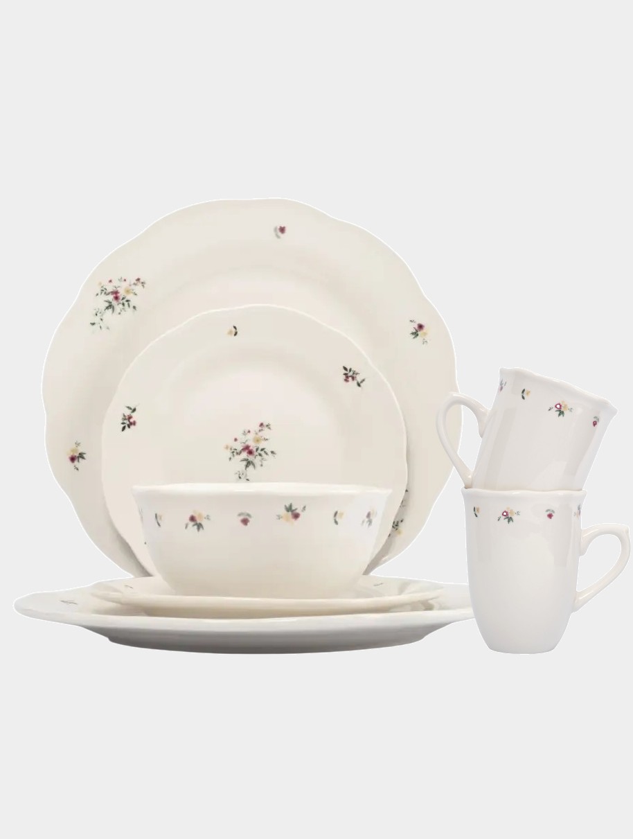 Сервиз обеденный с кружками, 6 персон, 24 предмета, костяной фарфор, белый, Цветы, Meadow