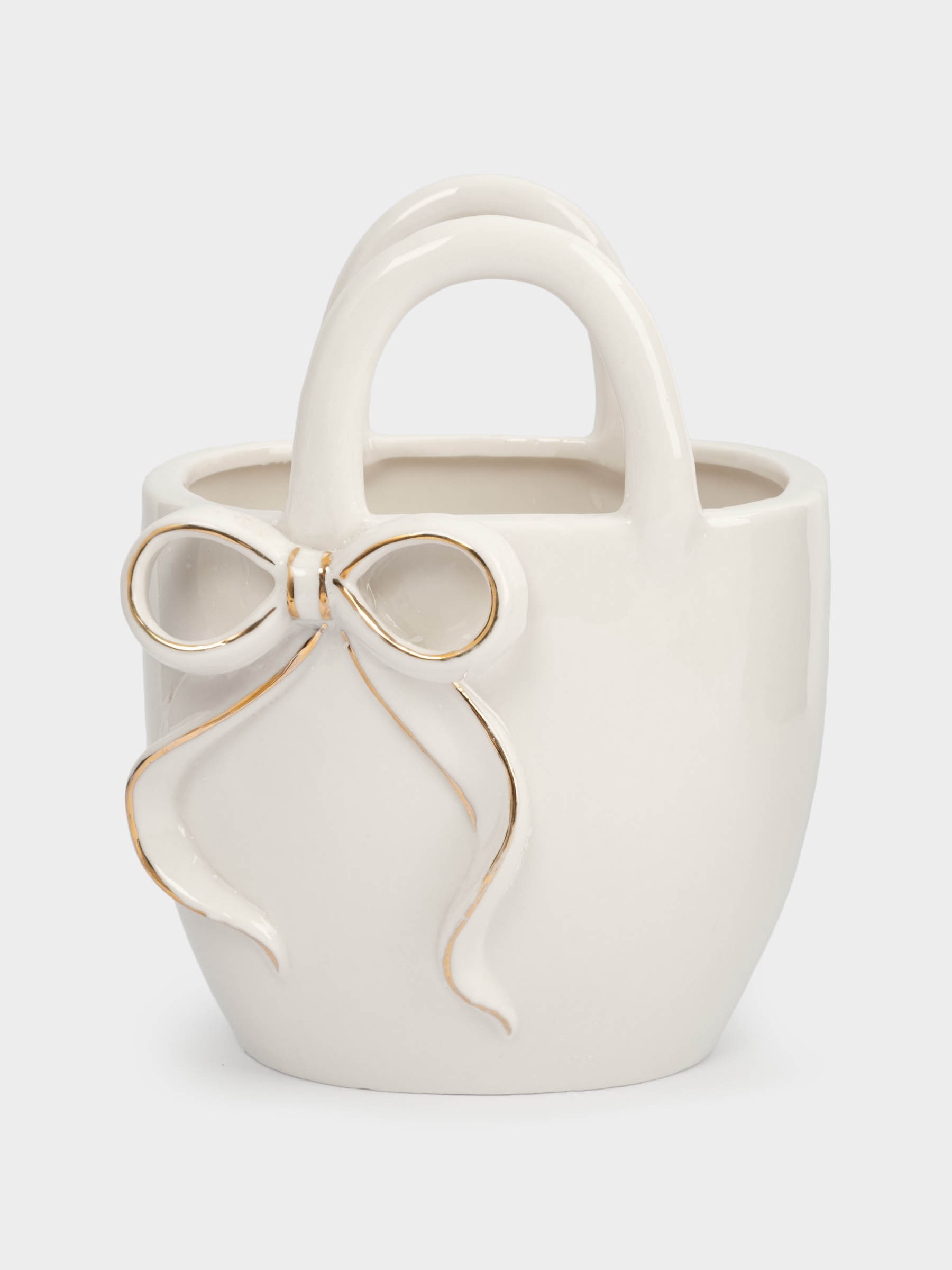 Ваза для цветов, 16 см, декоративная, фарфор, бело-золотистая, Сумка с бантом, Townlet