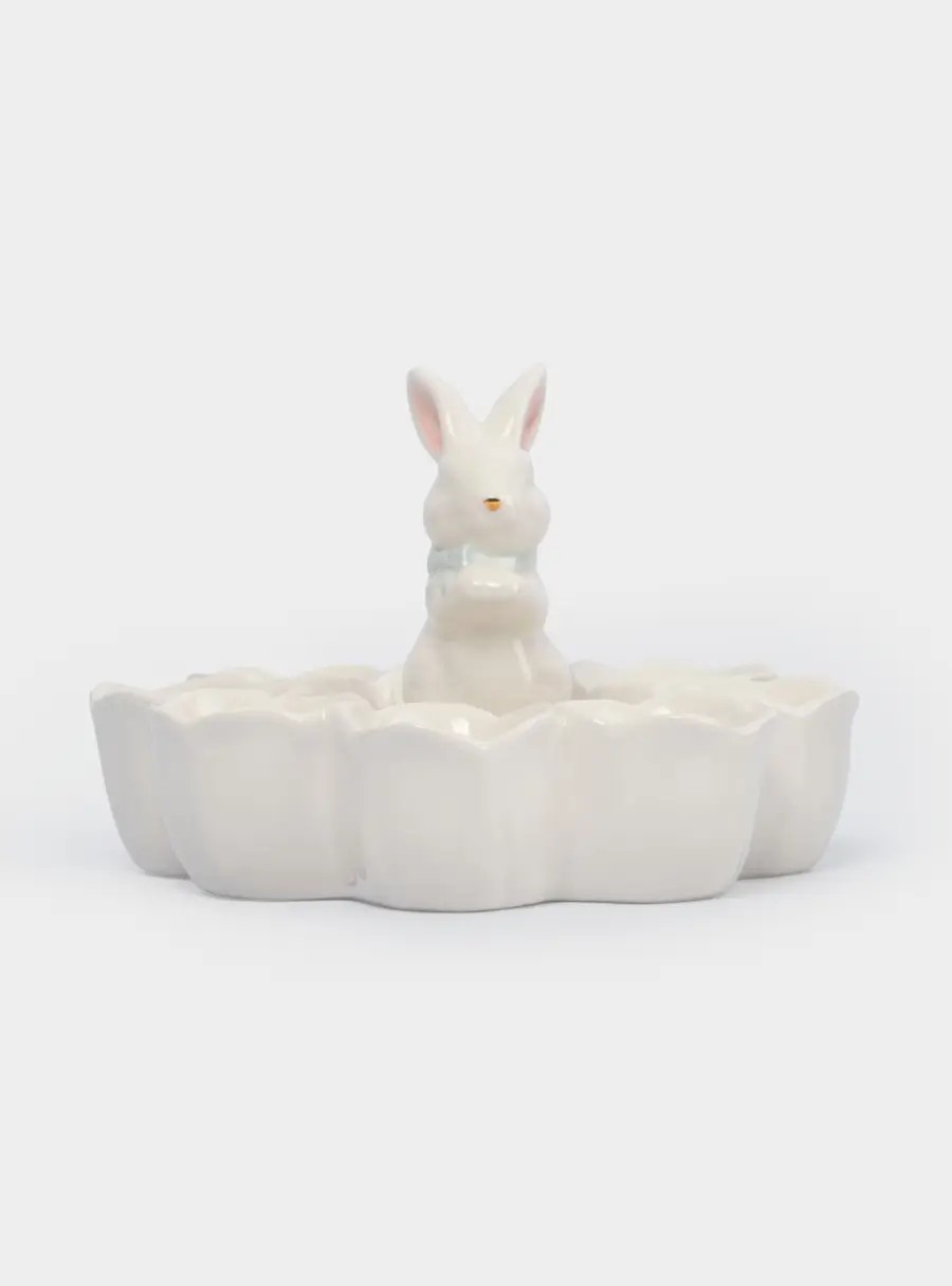 Блюдо пасхальное, 18✕12 см, 8 отд, керамика, молочно-золотистое, Кролик в цветах, White Rabbit