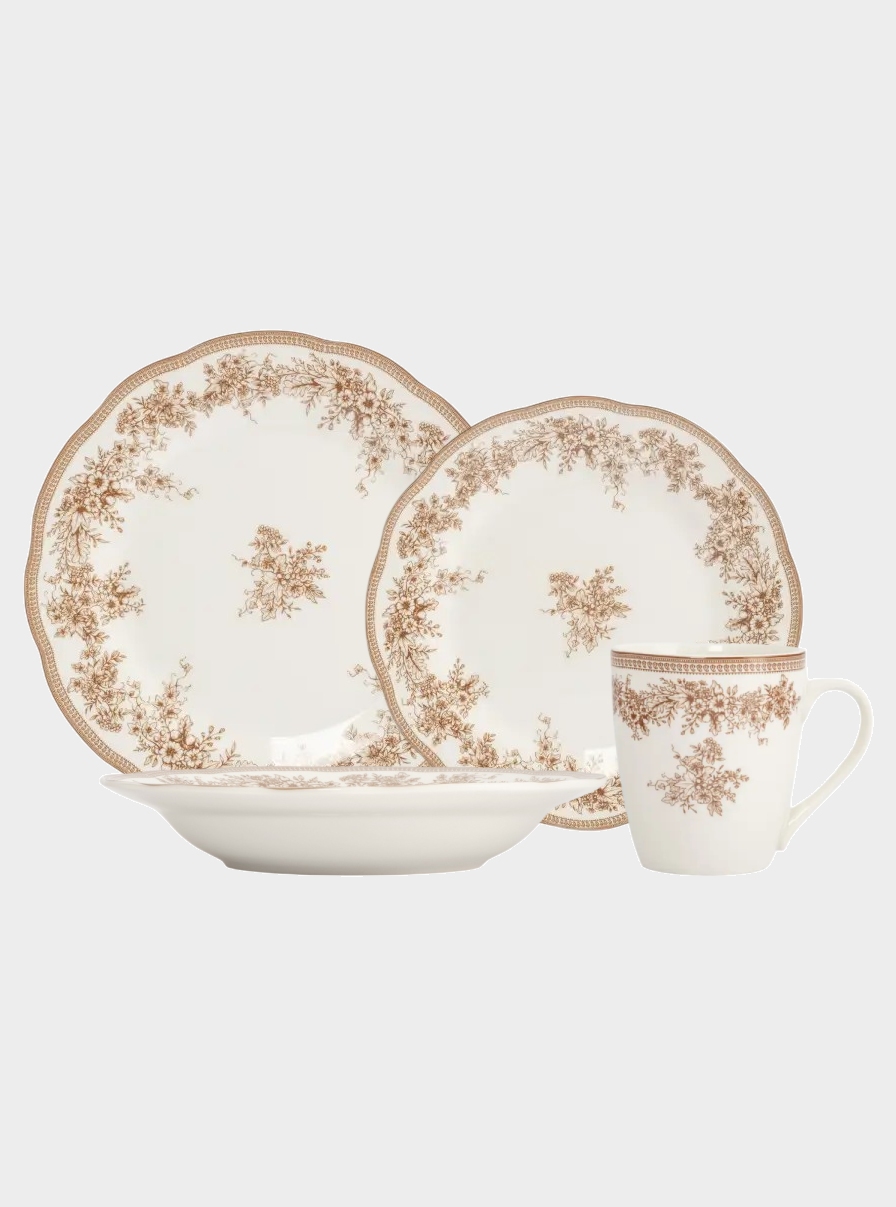 Сервиз обеденный с кружками, 4 персоны, 16 предметов, фарфор, белый, Коричневые цветы, Burgundy