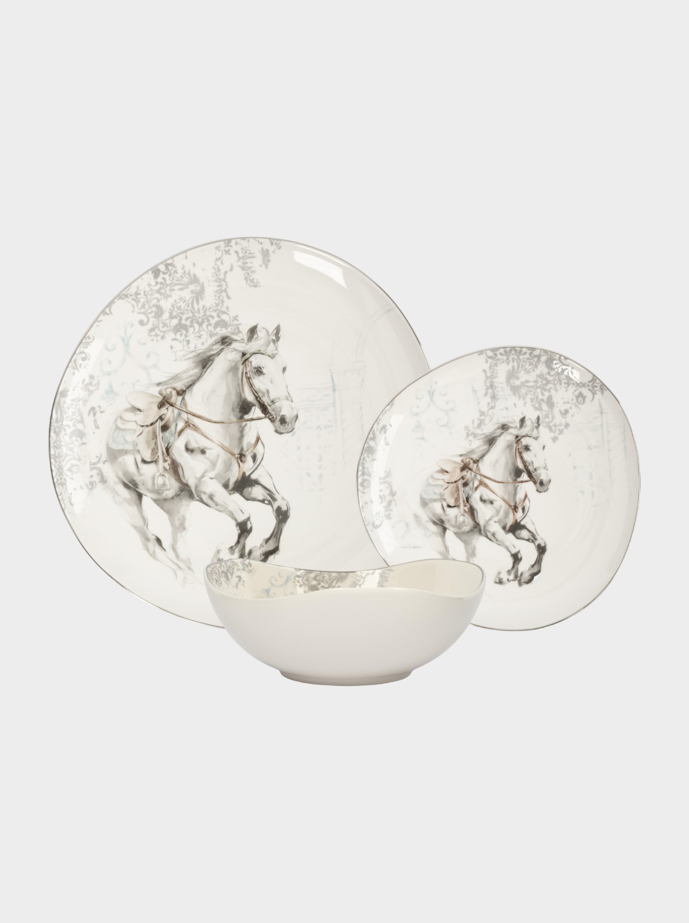 Набор обеденный 4 персоны 12 предметов, костяной фарфор, белая, с серебристым кантом, Конь, White horse