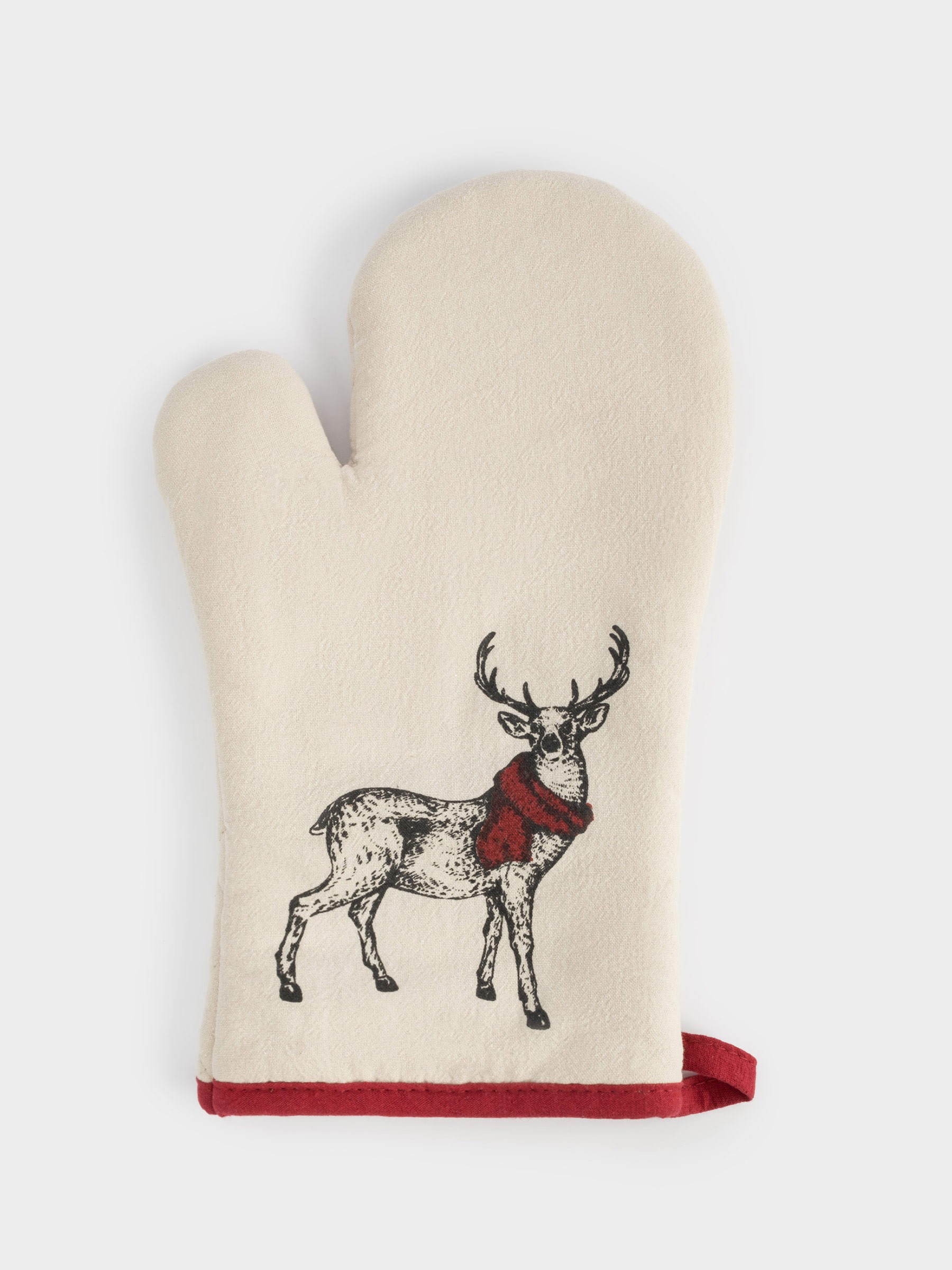 Прихватка-варежка, 18✕30 см, хлопок, серо-бежевая, Олень в шарфе, Deer