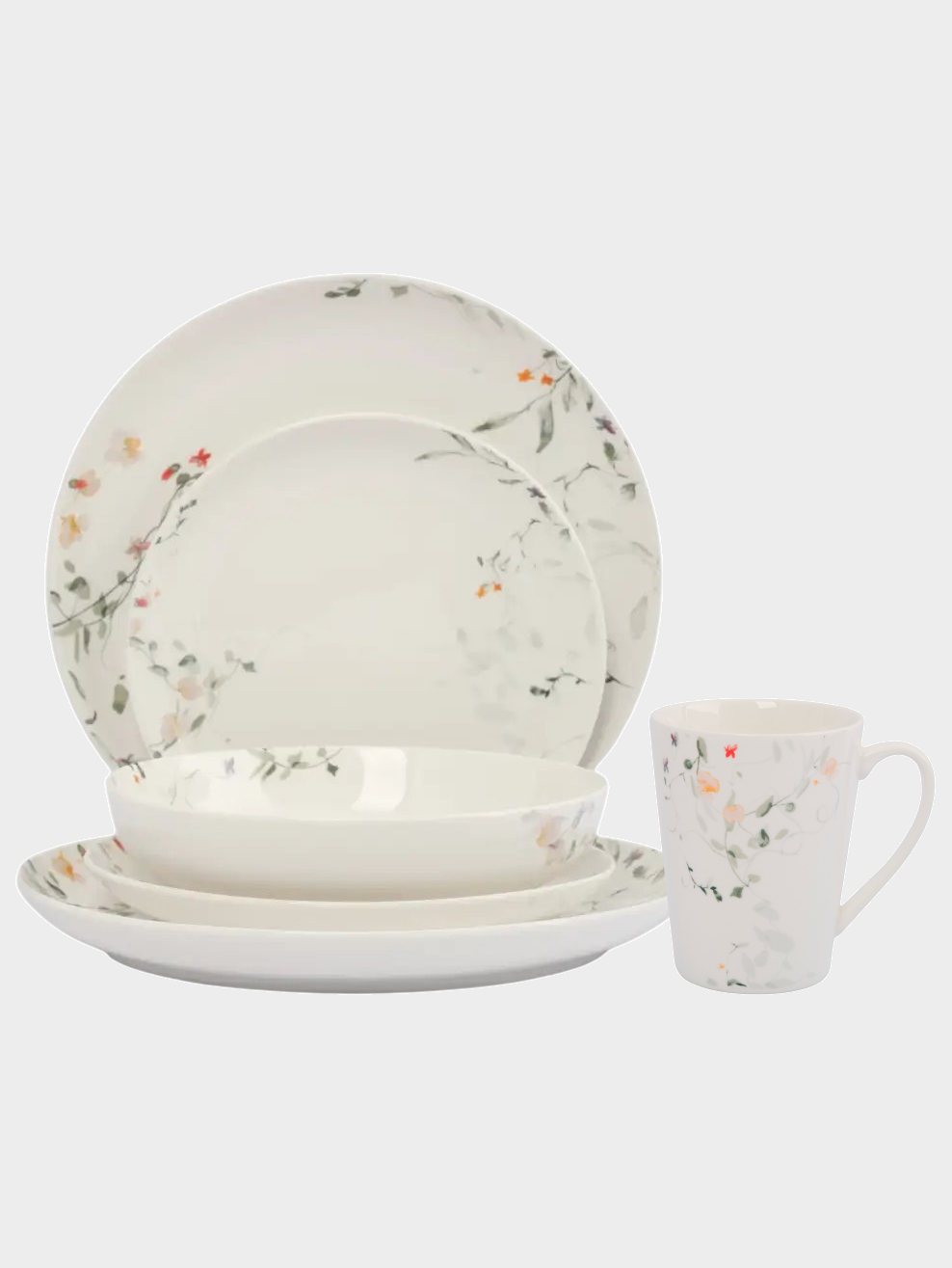 Сервиз обеденный, 6 персон, 25 пр, костяной фарфор, белый, Цветы и листья, Primrose