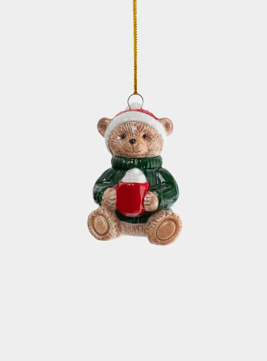 Игрушка елочная, 6 см, доломитовая керамика, Мишка с какао, New Year