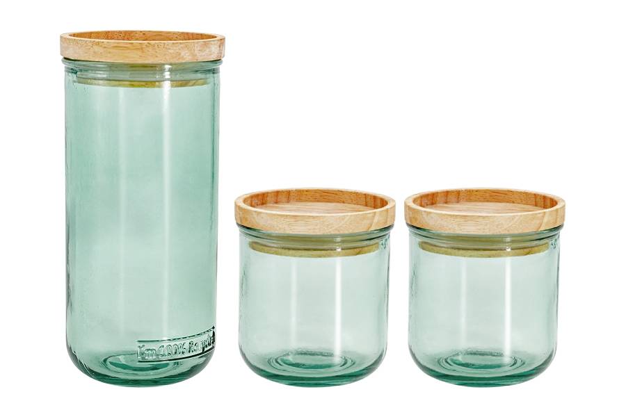 Банка для сыпучих продуктов, 820/350 мл, 3 шт, стекло/дерево, зеленая, Jars