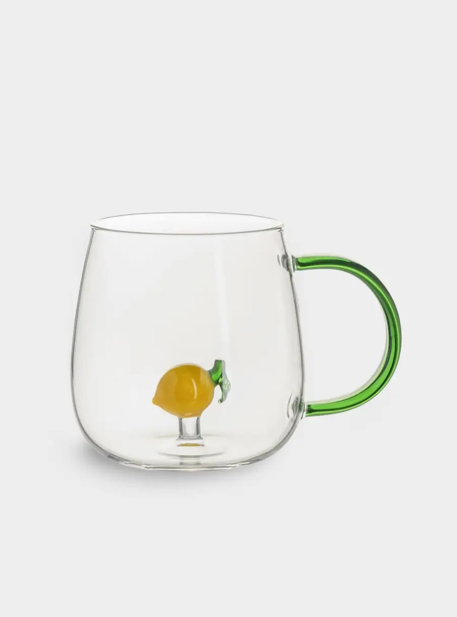 Кружка, 400 мл, стекло, зеленая ручка, Лимон, Lemon