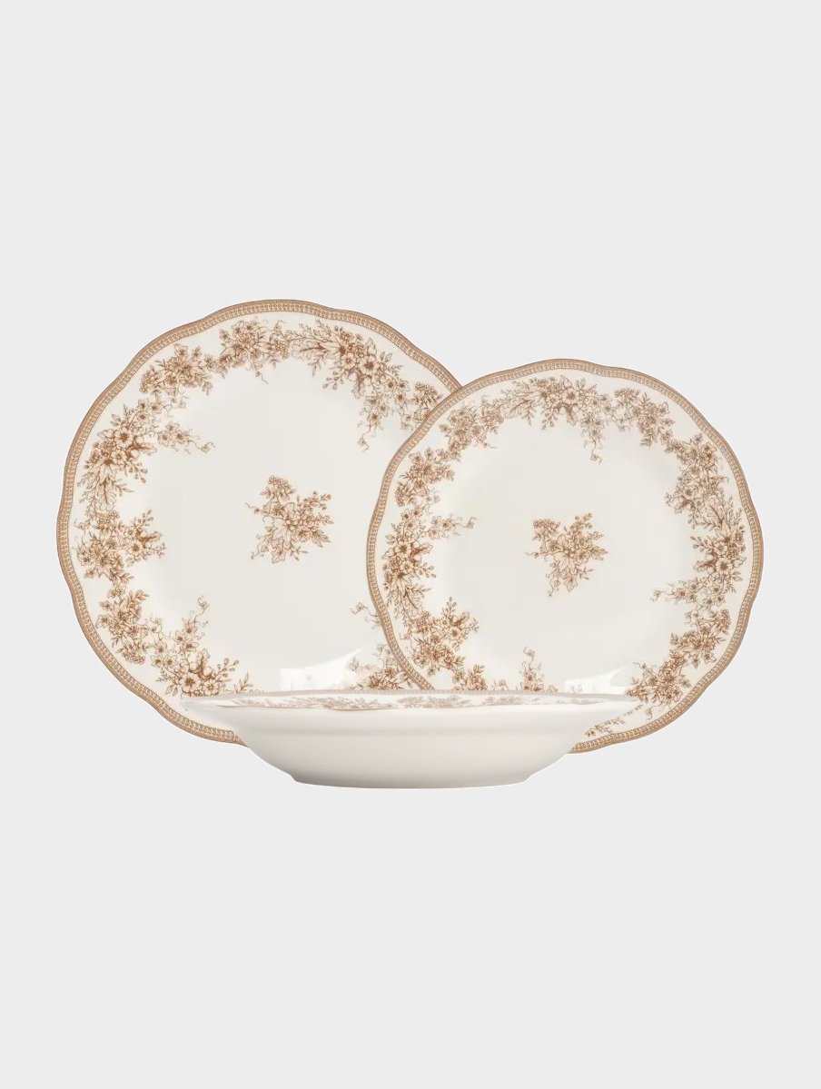 Сервиз обеденный, 4 персоны, 12 предметов, фарфор, белый, Коричневые цветы, Burgundy