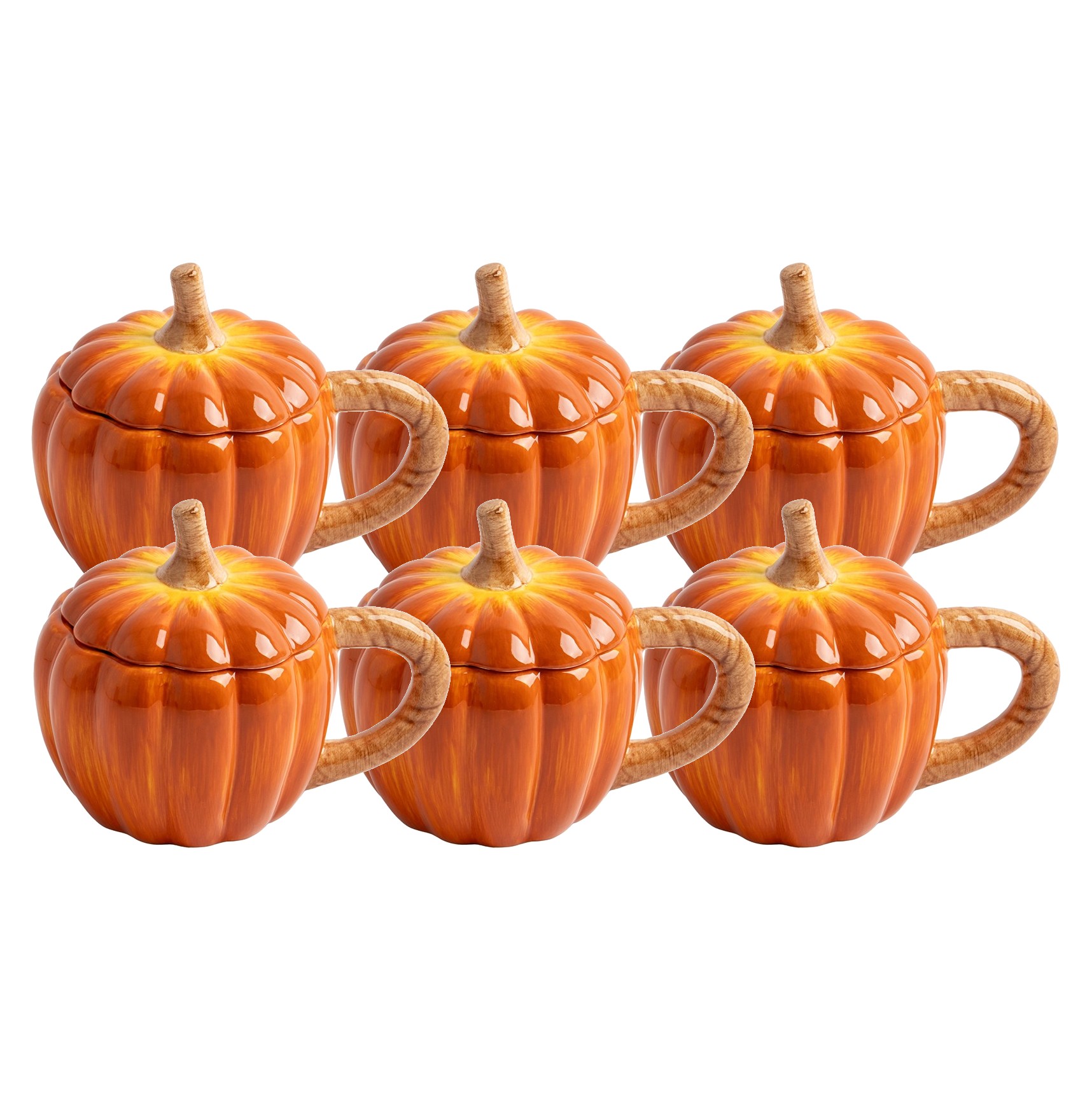 Набор 6 кружек, 450 мл, с крышками, керамика, оранжево-зеленая, Тыква, Bright pumpkin