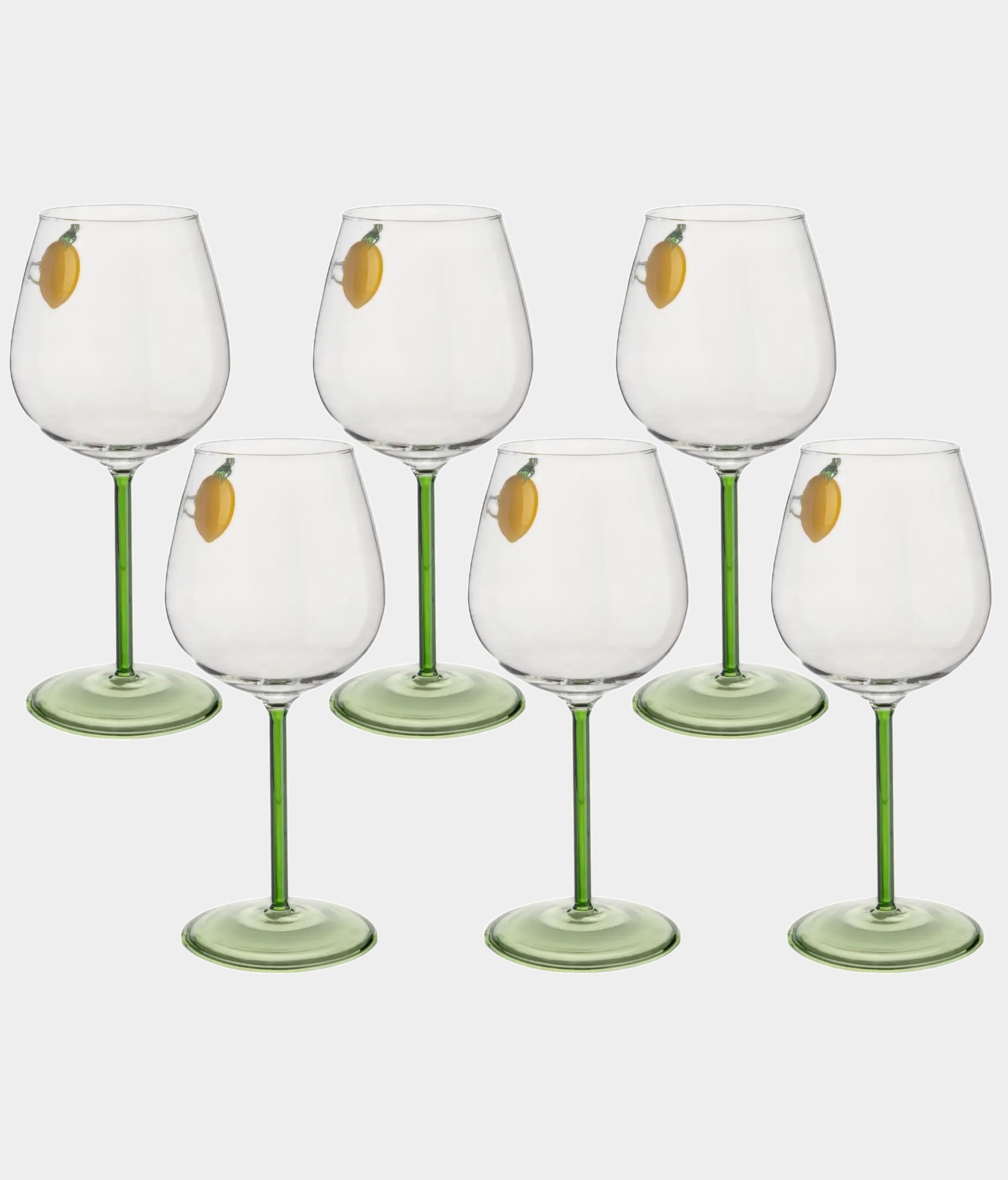 Набор 6 бокалов для вина, 550 мл, стекло, зеленая ножка, Лимон, Lemon