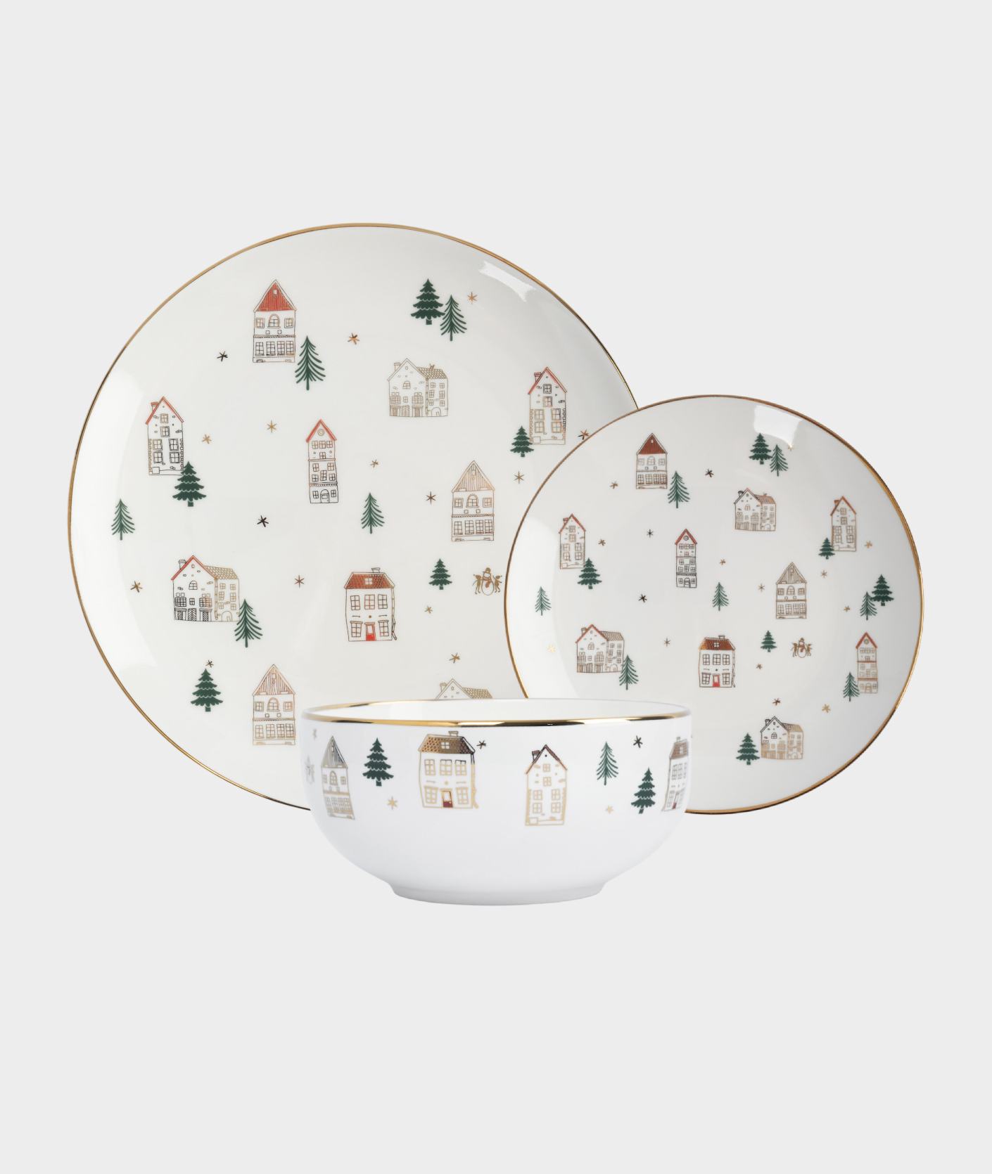 Набор обеденный 6 персон 18 предметов, костяной фарфор, бело-золотистый, Домики и ели, Townlet
