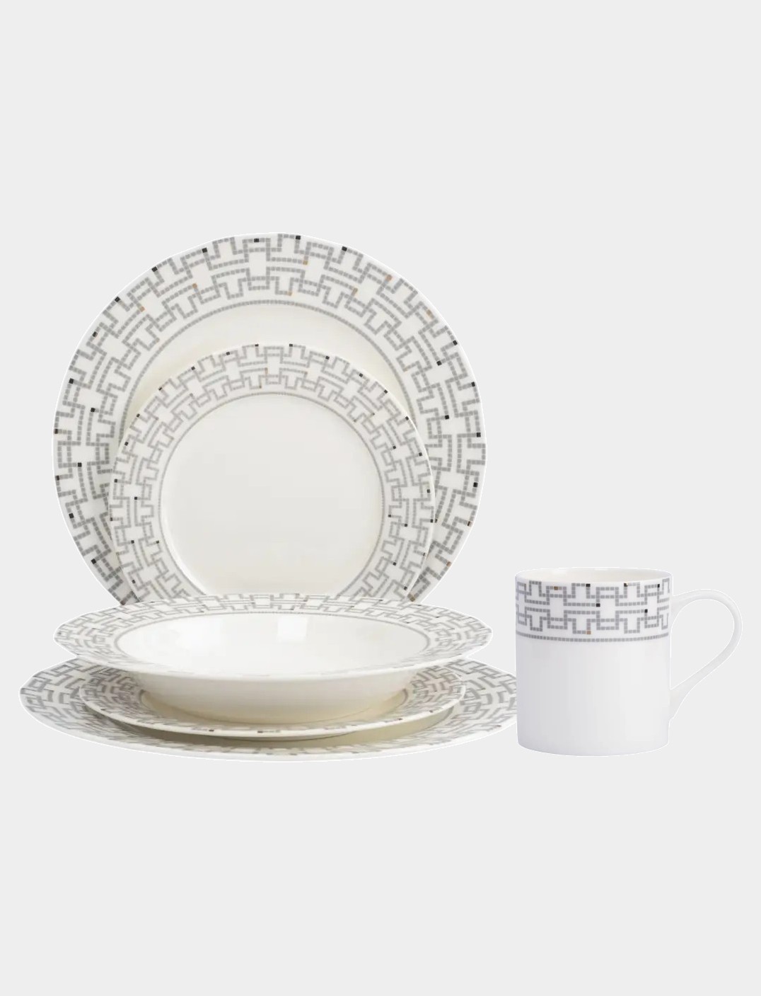 Сервиз обеденный с кружками, 6 персон, 24 предмета, костяной фарфор, белый, Орнамент, Greco