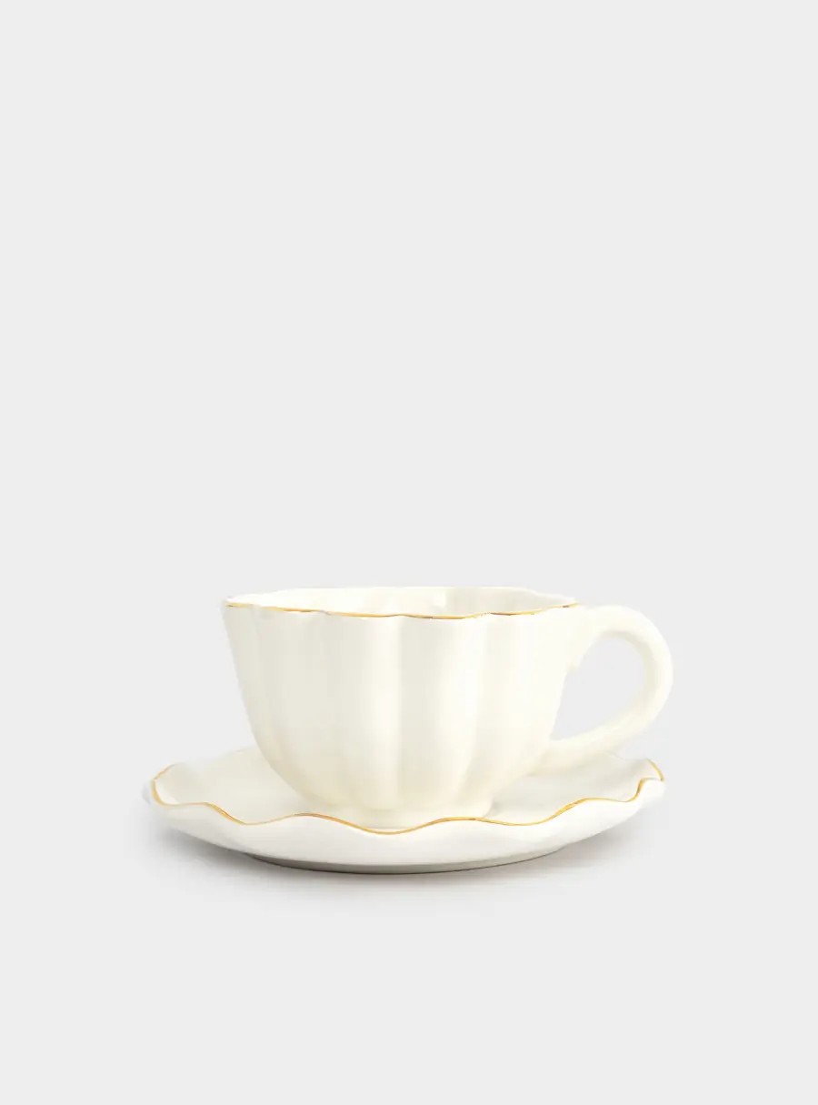 Пара чайная, 1 персона, 2 предмета, 370 мл, керамика, с золотистым кантом, Волнистый край, Blossom