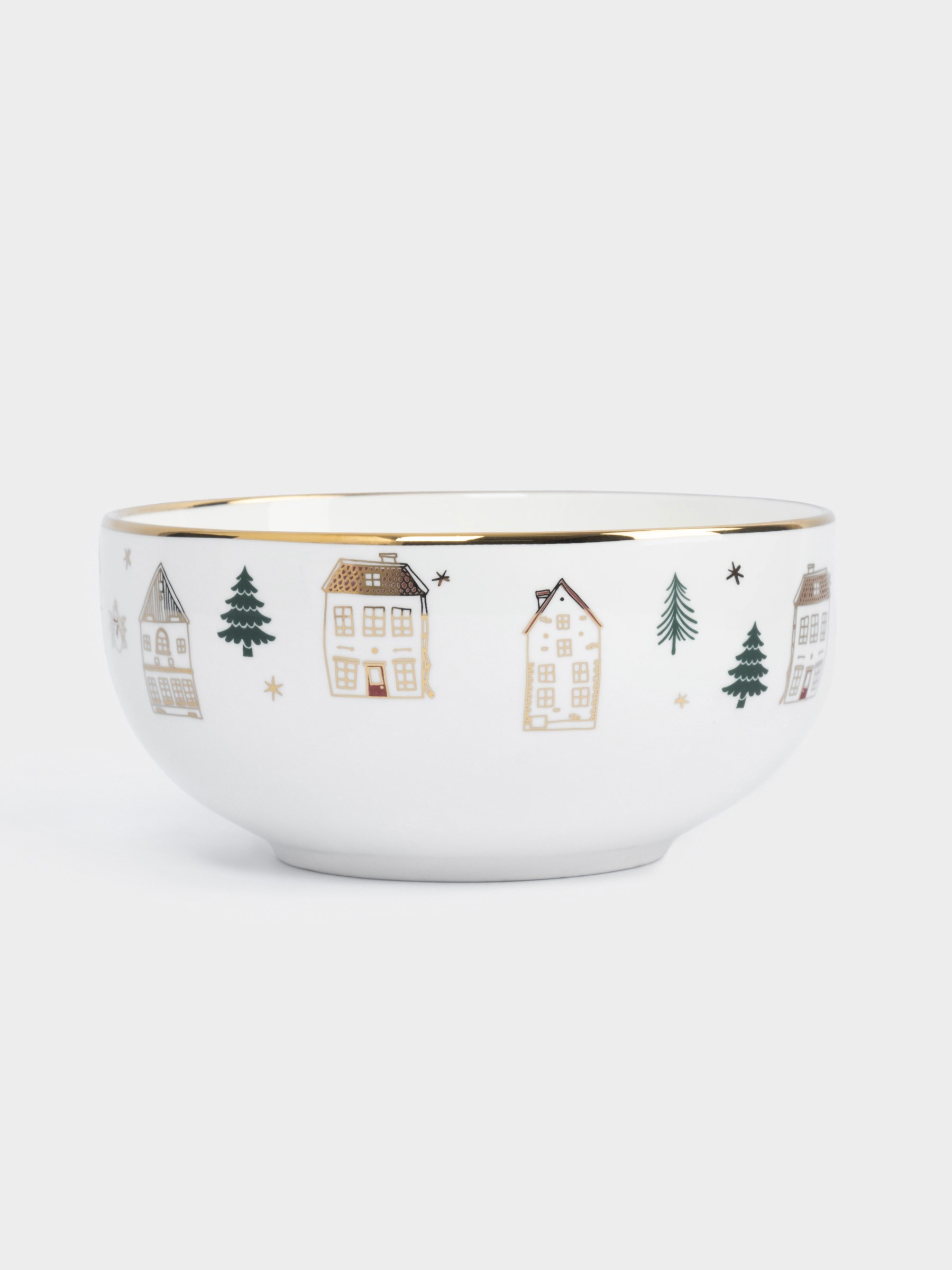 Пиала, 14✕7 см, костяной фарфор, бело-золотистая, Домики и ели, Townlet