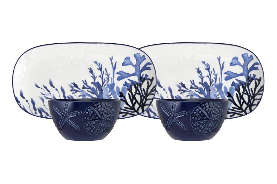 Набор 4 пр, 2 блюда/2 салатника, керамика К, белое/синий, Синие кораллы, Blue Coral